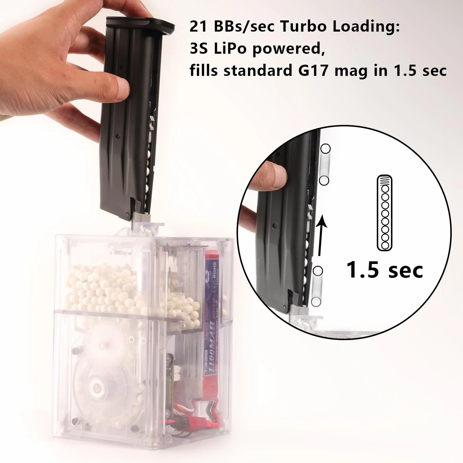 Cargador eléctrico Airsoft Speedloader PRO automático 21 BBS/s OLED 1800rd 4 adaptadores 11,1 V 1100 mAh