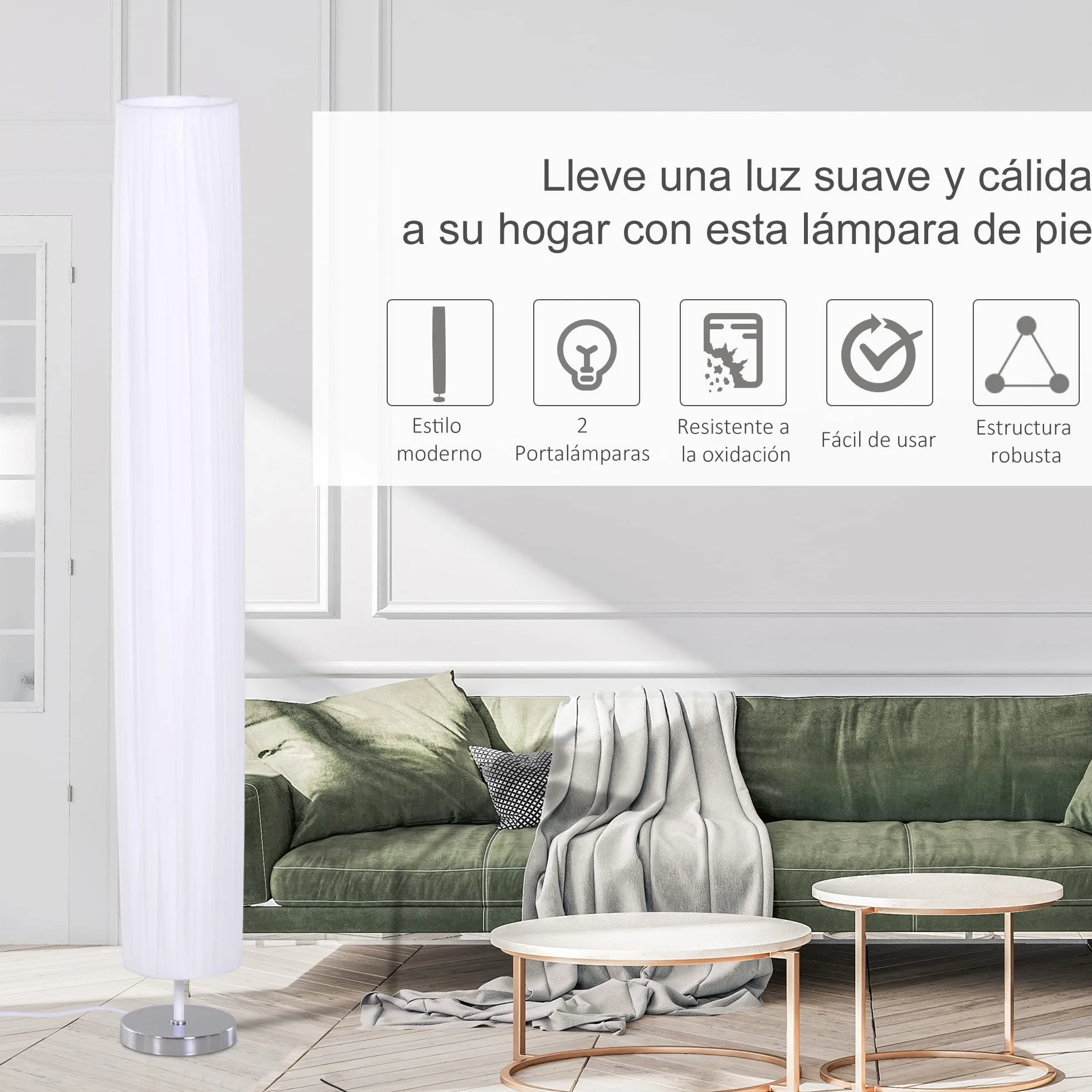 HOMCOM Lámpara de Pie Moderna 120 cm Blanco E27 Acero Inoxidable Bajo Consumo