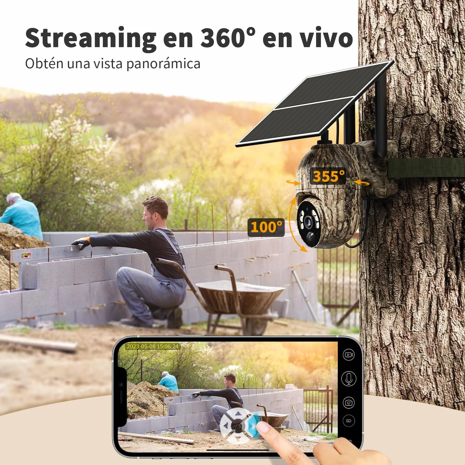 4G Camara Vigilancia Exterior con Tarjeta SIM, 2K 360° Inalámbrico Solar Cámara con 30M Visión Nocturna Color, Detección de Movimiento, Audio Bidireccional, IP66 Impermeable