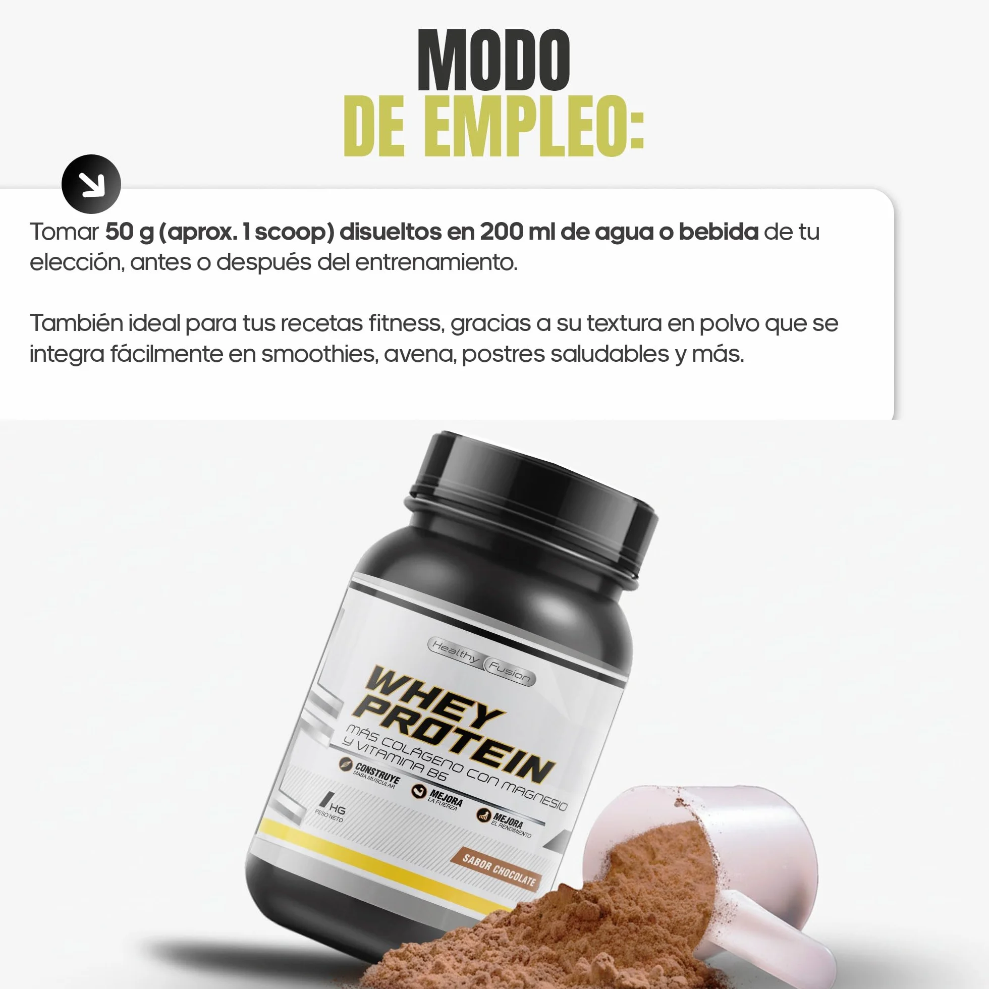 Whey Protein 1KG Polvo Chocolate 43g Proteína BCAA Glutamina Colágeno Magnesio Vitamina B6