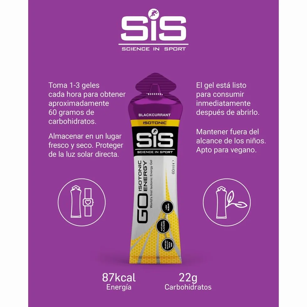 Science in Sport GO Isotonic Energy Gel Grosella negra 30x60ml Vegano 22g carbohidratos