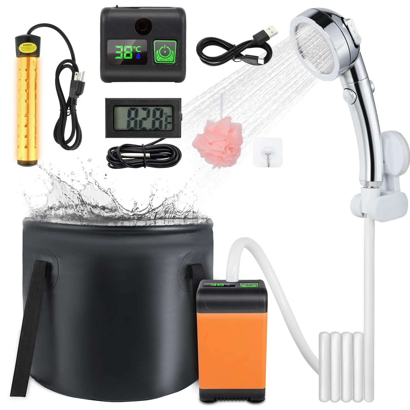 Ducha portátil de camping, kit de ducha recargable para exteriores de 7800 mAh con calentador, pantalla LED inteligente, impermeable IPX8, ducha portátil para camping, al aire libre, viajes
