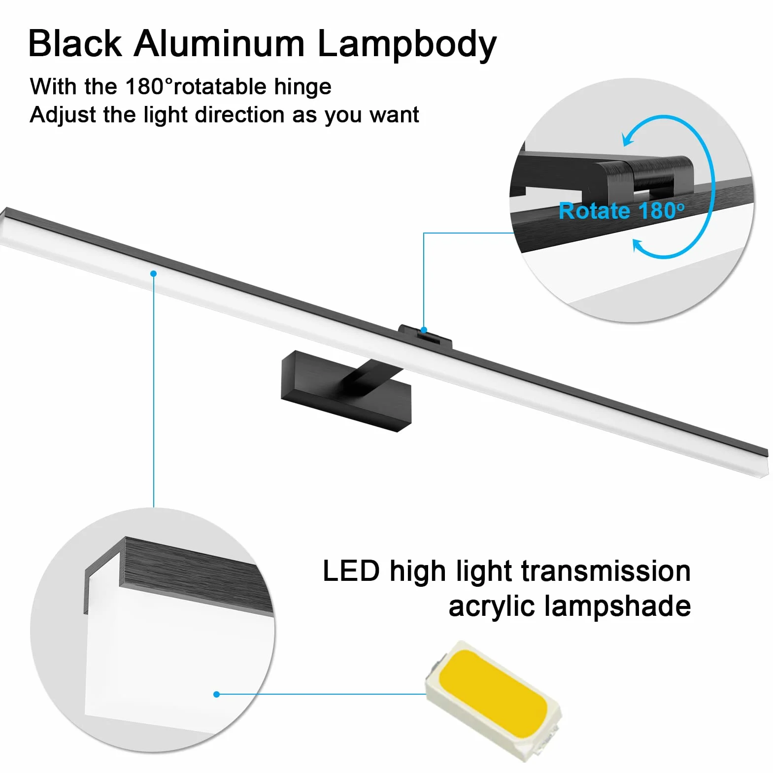 Klighten Lámpara de Espejo Baño 100CM 28W Blanco Frío 6000K 1560LM No-regulable Negro