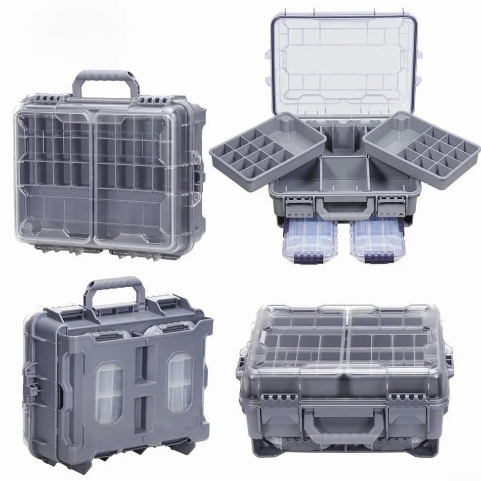 Zoegneer Caja de aparejos de pesca de doble capa impermeable portátil grande con compartimentos ajustables para almacenamiento organizado de señuelos ganchos y accesorios, gris (gris)