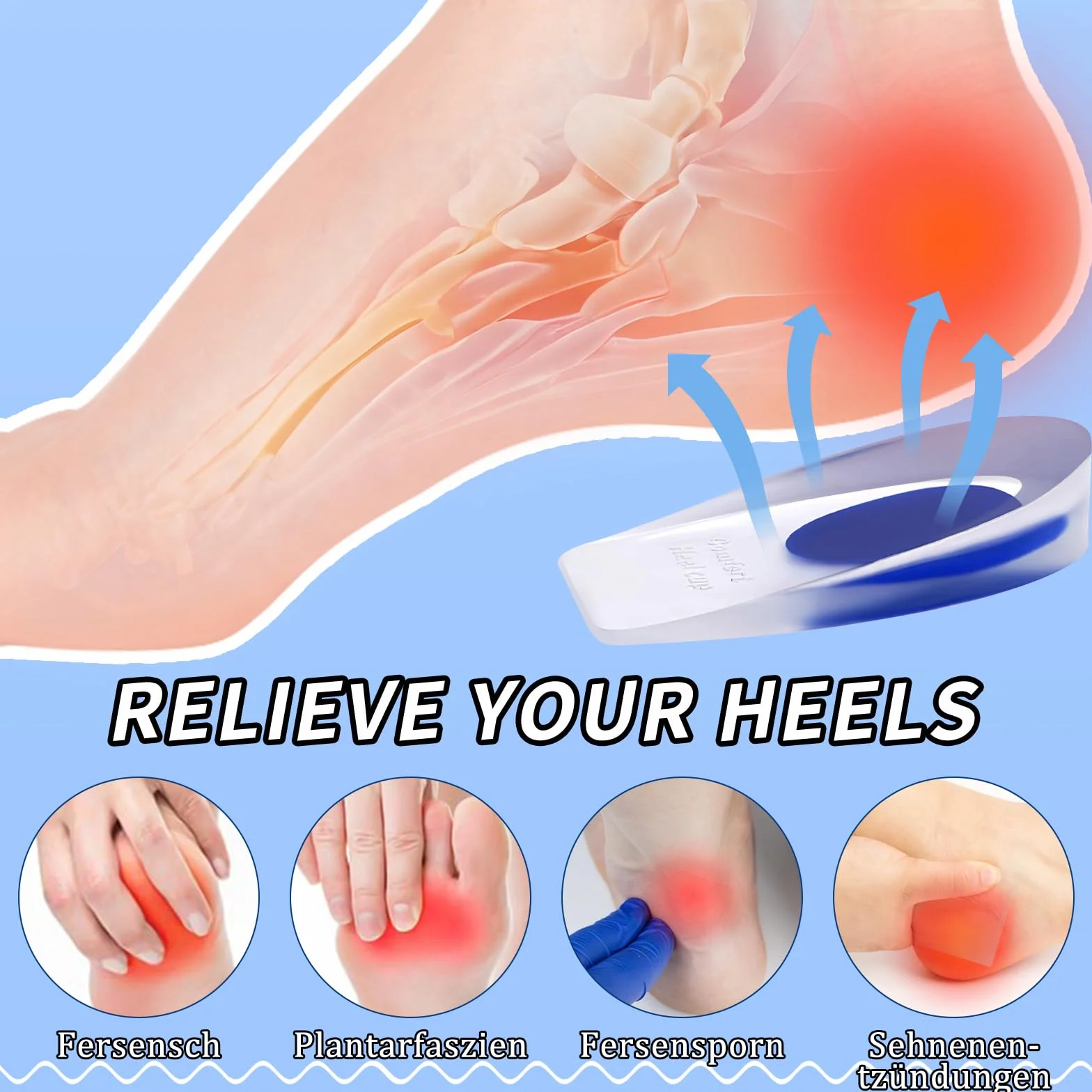 Taloneras Silicona 5 pares Almohadillas de Gel para Talones Azul Fascitis Plantar Espolon Calcaneo Tendinitis (L)