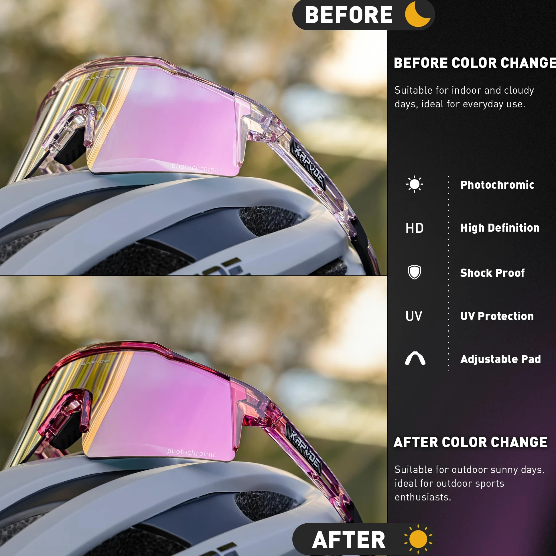 KAPVOE Gafas de ciclismo fotocromáticas UV400 hombre mujer TR90 K9023 | Full Frame Photochromic Technology, Protección UV400, Estructura TR90 y soporte interior integrado