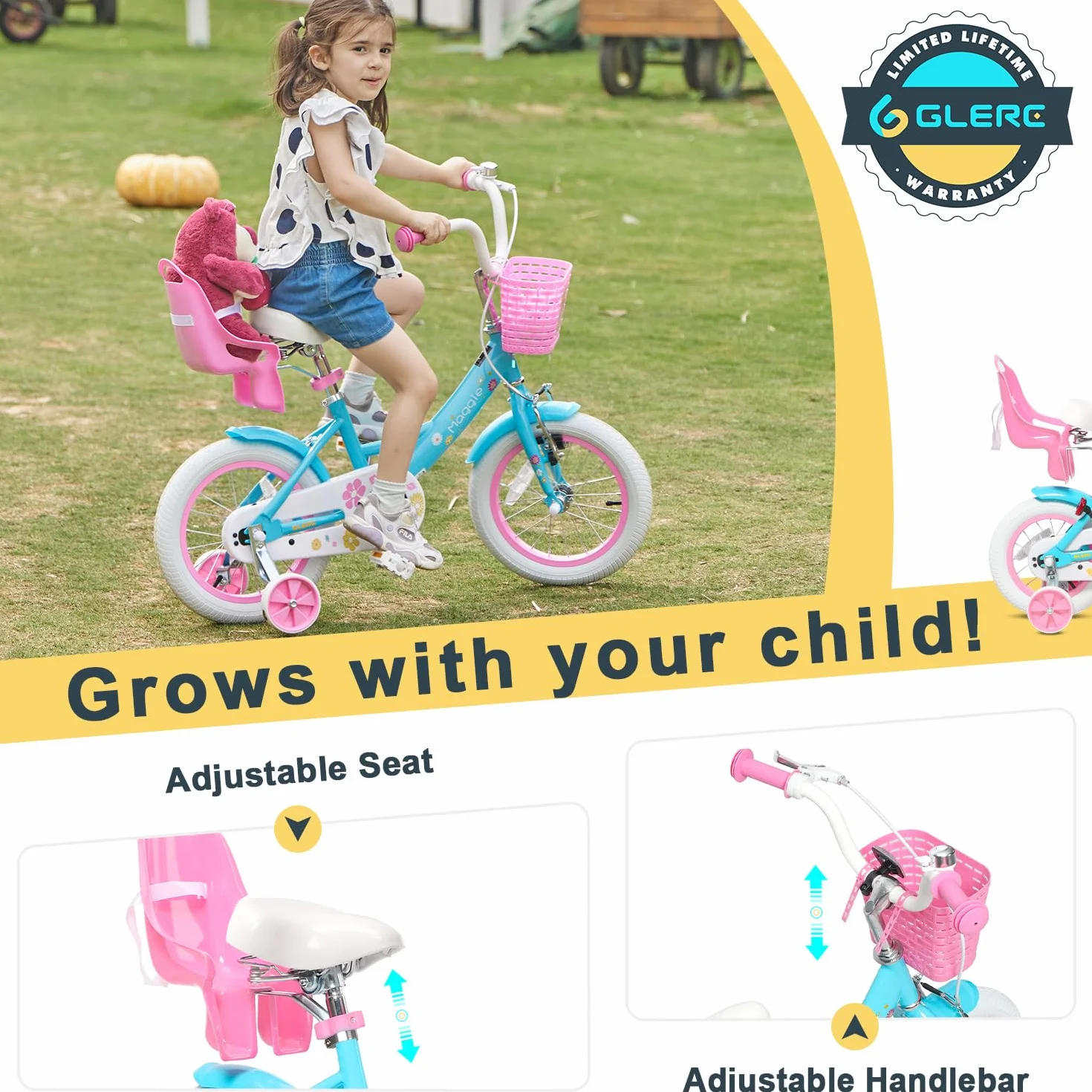 Bicicleta rosa con cesta para niños 12 14 16 pulgadas con campana y ruedas de entrenamiento