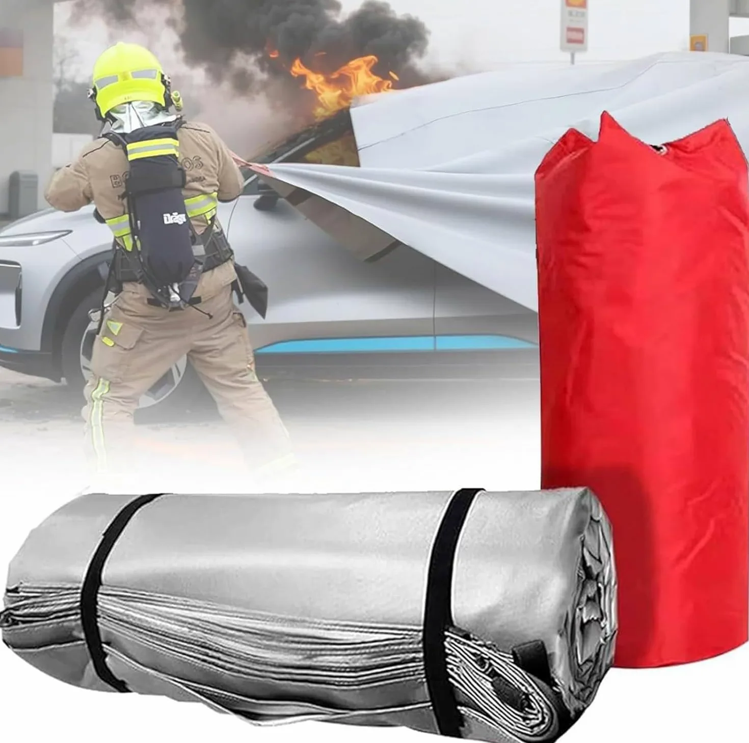 Manta grande de doble cara para vehículos eléctricos, manta extintor de incendios de emergencia, fibra de vidrio de silicona, 4 x 6 m