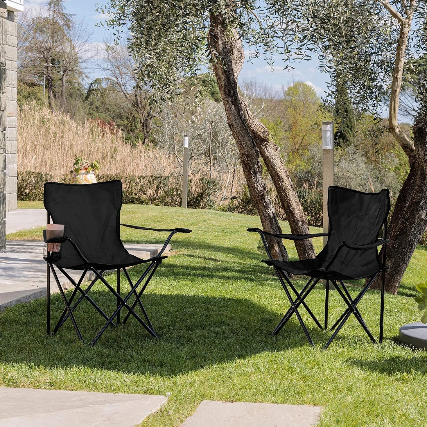 Baroni Set de 4 Piezas Sillas de Camping Plegable para Exterior, Jardín, Pesca, Silla de Camping Ligera e Impermeable, Silla de Camping Portátil y Plegable, Color Negro, 50x50x80 cm