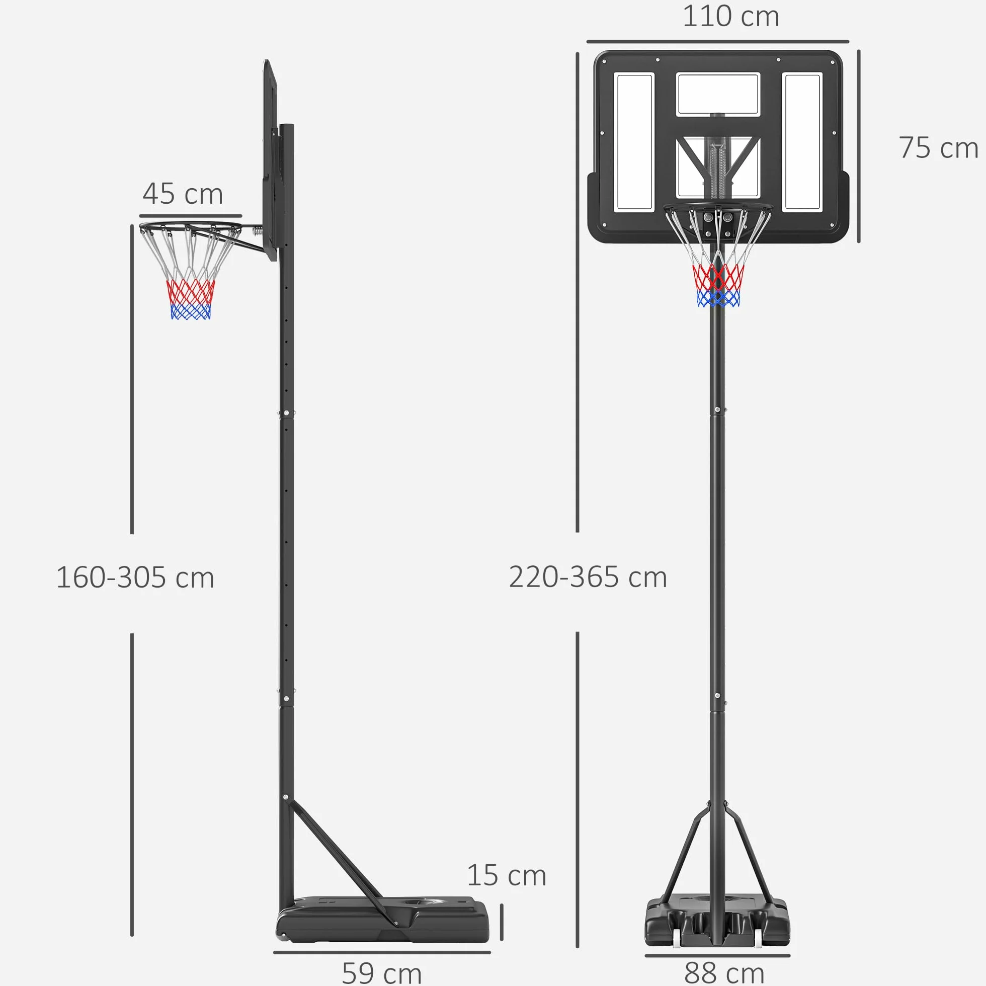 HOMCOM Canasta de Baloncesto Exterior Altura Ajustable 220-365 cm Aro Portátil con Soporte Base Rellenable Negro