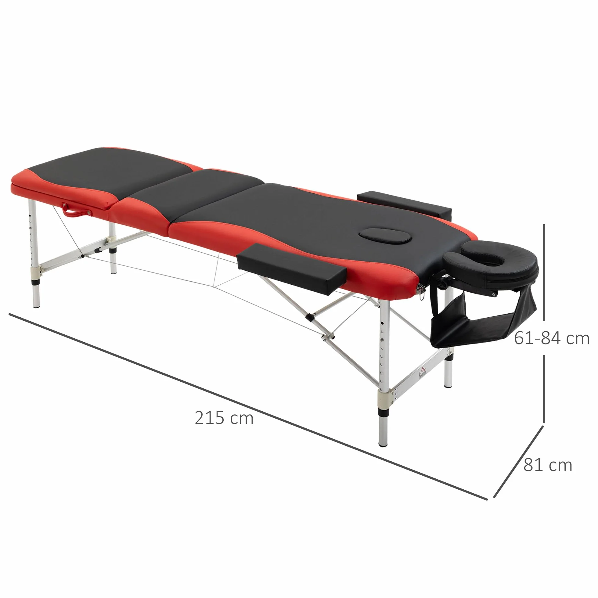 HOMCOM Camilla Masaje Plegable Aluminio Altura Ajustable 3 Zonas Tatuaje Fisioterapia Negro Rojo