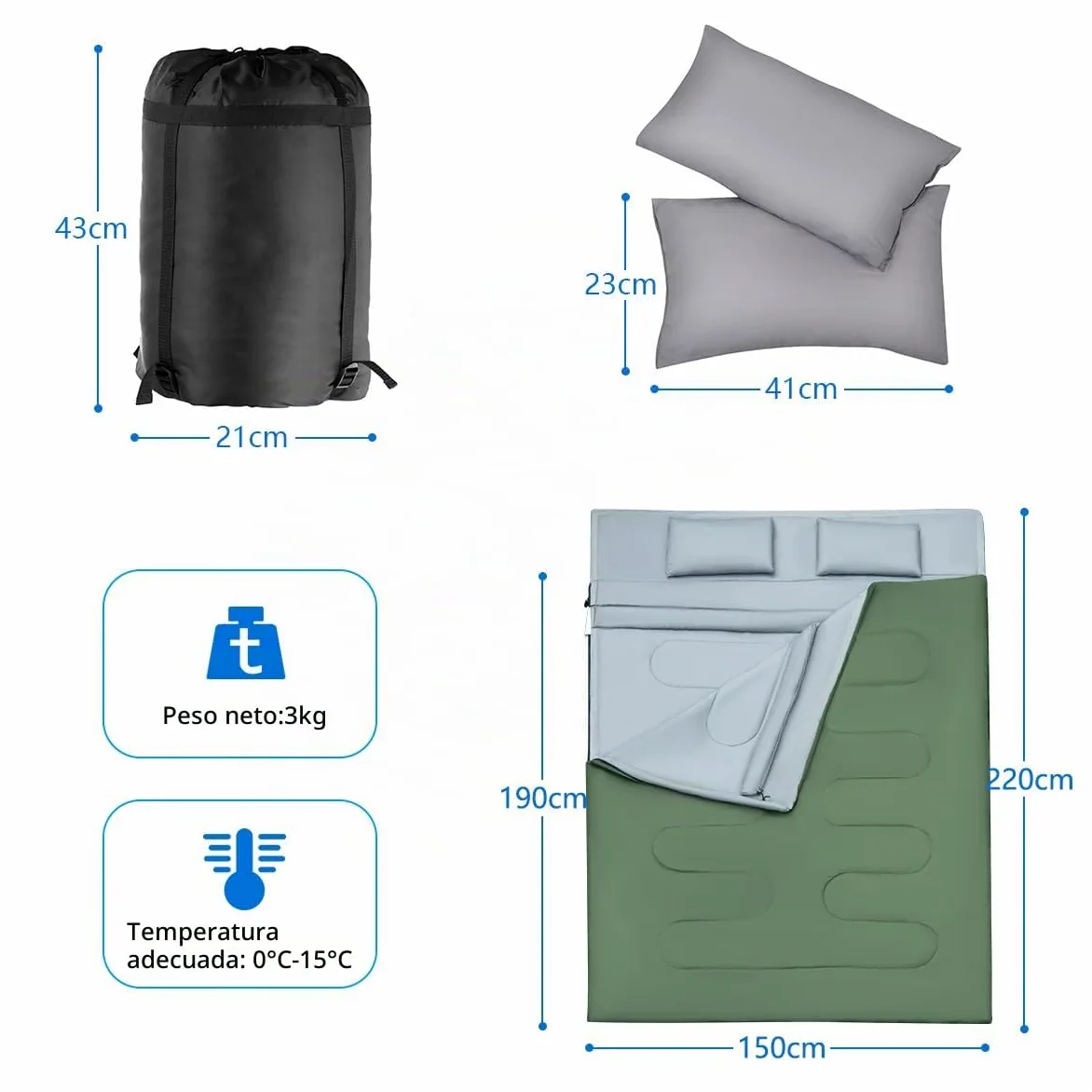 SOARS Saco de Dormir Doble para 2 Personas con 2 Almohadas y Bolsa de Transporte, Impermeable de Invierno para Adultos, para Camping al Aire Libre
