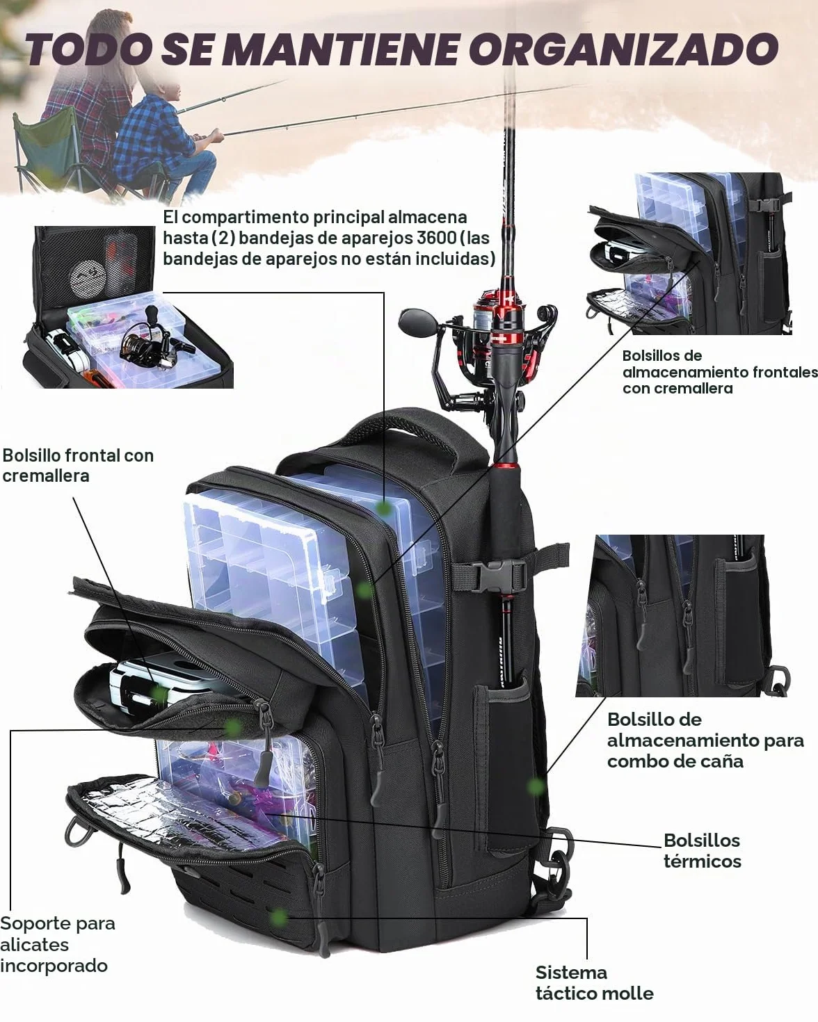Mochila de pesca 2 en 1 táctica 25L soporte caña militar
