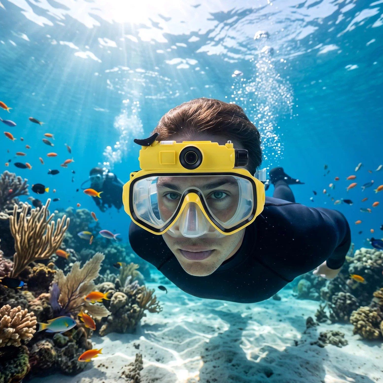 Gafas de Buceo con Cámara, Video 2K, Ángulo Amplio 100 Grados, | Impermeable hasta 15 M, Falda de Silicona, Vidrio Templado, Cámara Subacuática, Compatible con App, Ideal para Snorkel y