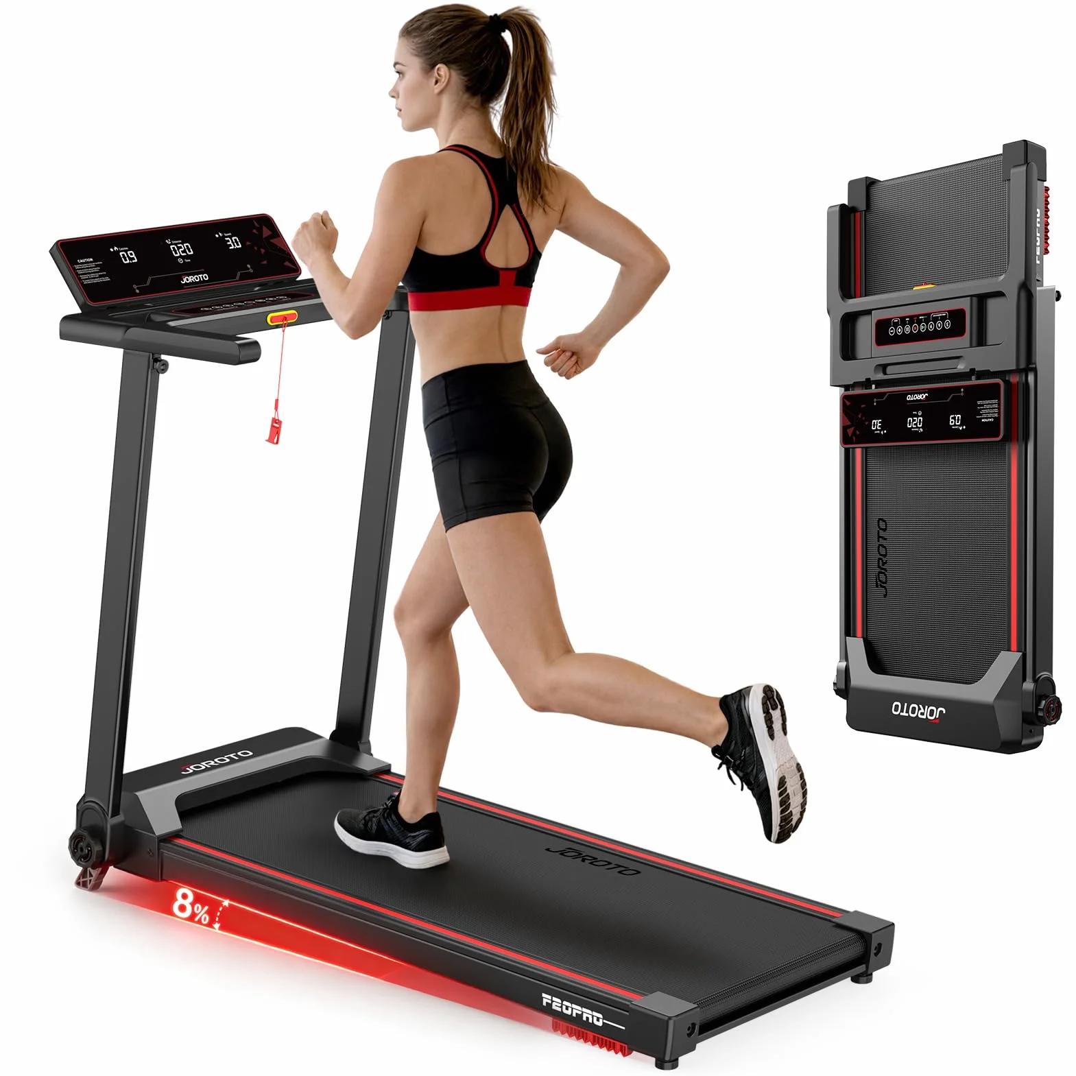 JOROTO Cinta de Correr Plegable para el Hogar, Motor 2,5PS, Inclinación 8%, Velocidad 1-12 KM/H, Cinta Ancha, Pantalla LED, Peso Máximo 130KG, Compacta con Manillar para Caminar y Correr