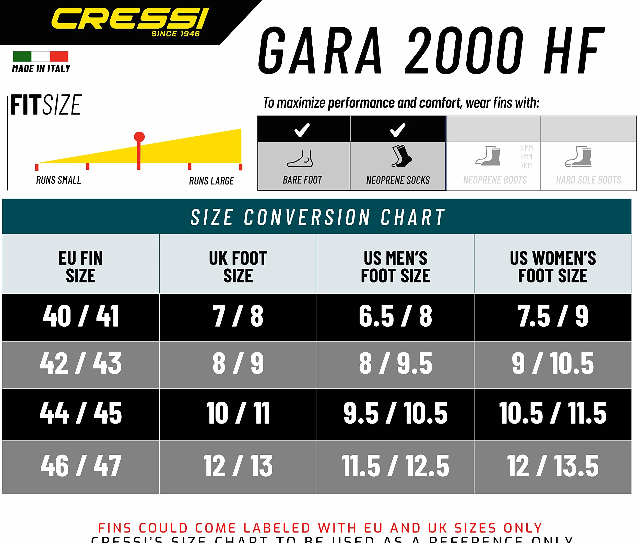 Cressi Largo Libre Buceo Aletas de reactiva | Gara 2000 HF, Fabricado en Italia Calidad Desde 1946