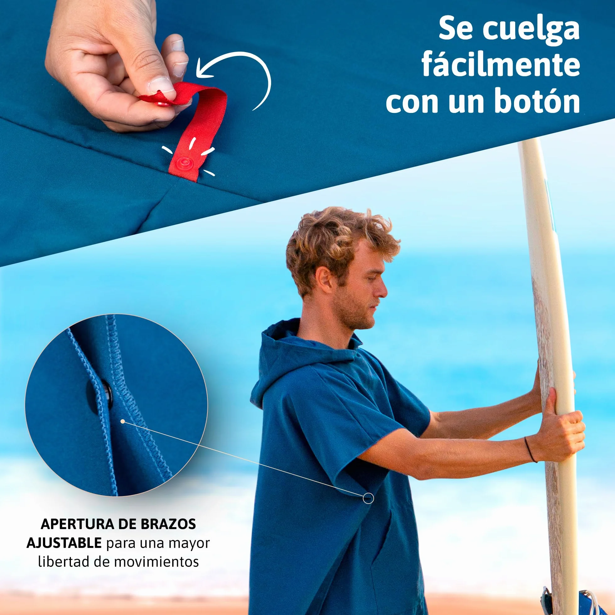 AUTDOOR® Poncho Surf - Fabricado a Partir de Botellas de plástico recicladas - Toalla de Piscina compacta, Ligera y de Secado rápido Ideal para natación y Deportes acuáticos (Azul, Mediano)