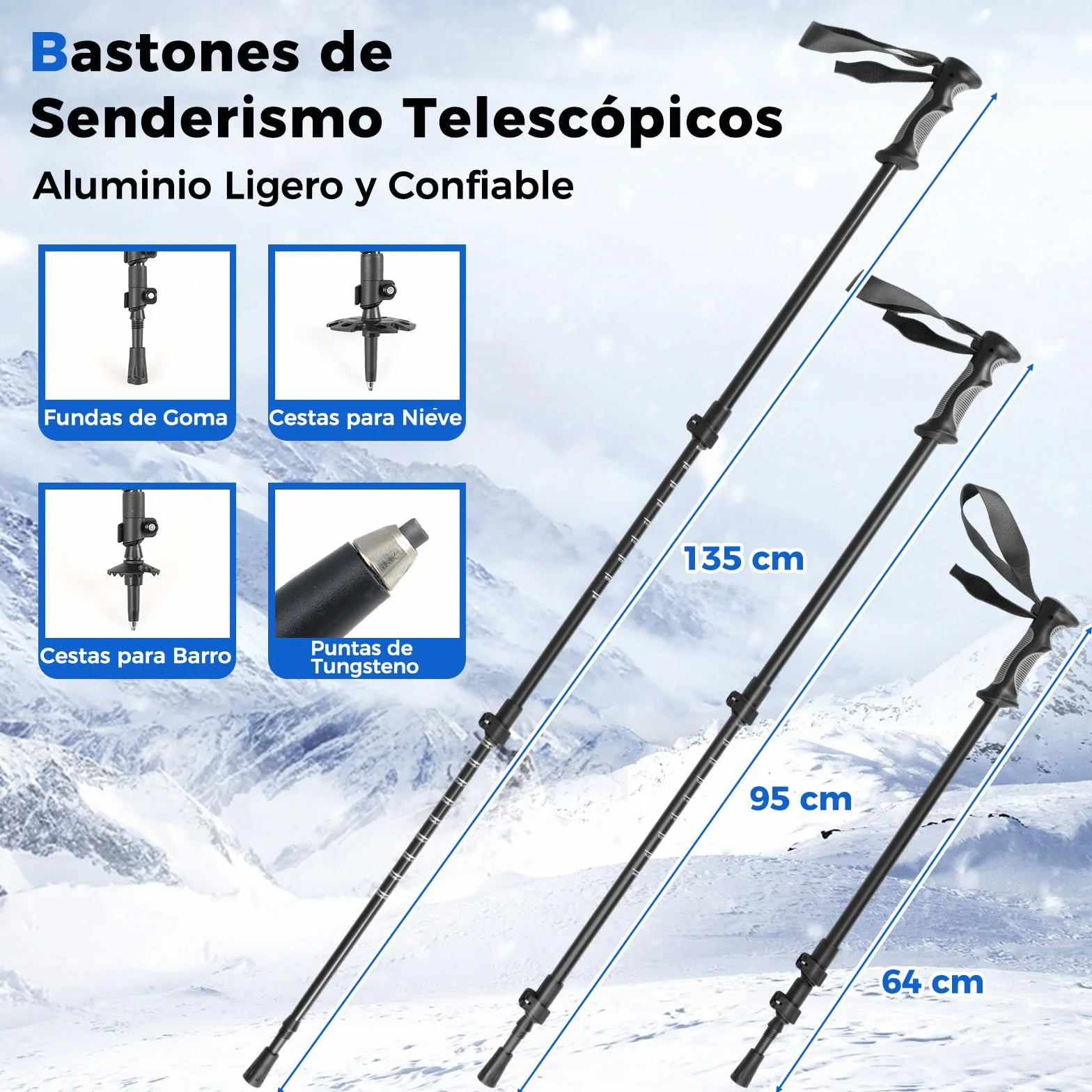 COSTWAY Juego de Raquetas de Nieve Aluminio Bastones Senderismo Fijación Ajustable Acolchado EVA Bolsa Transporte