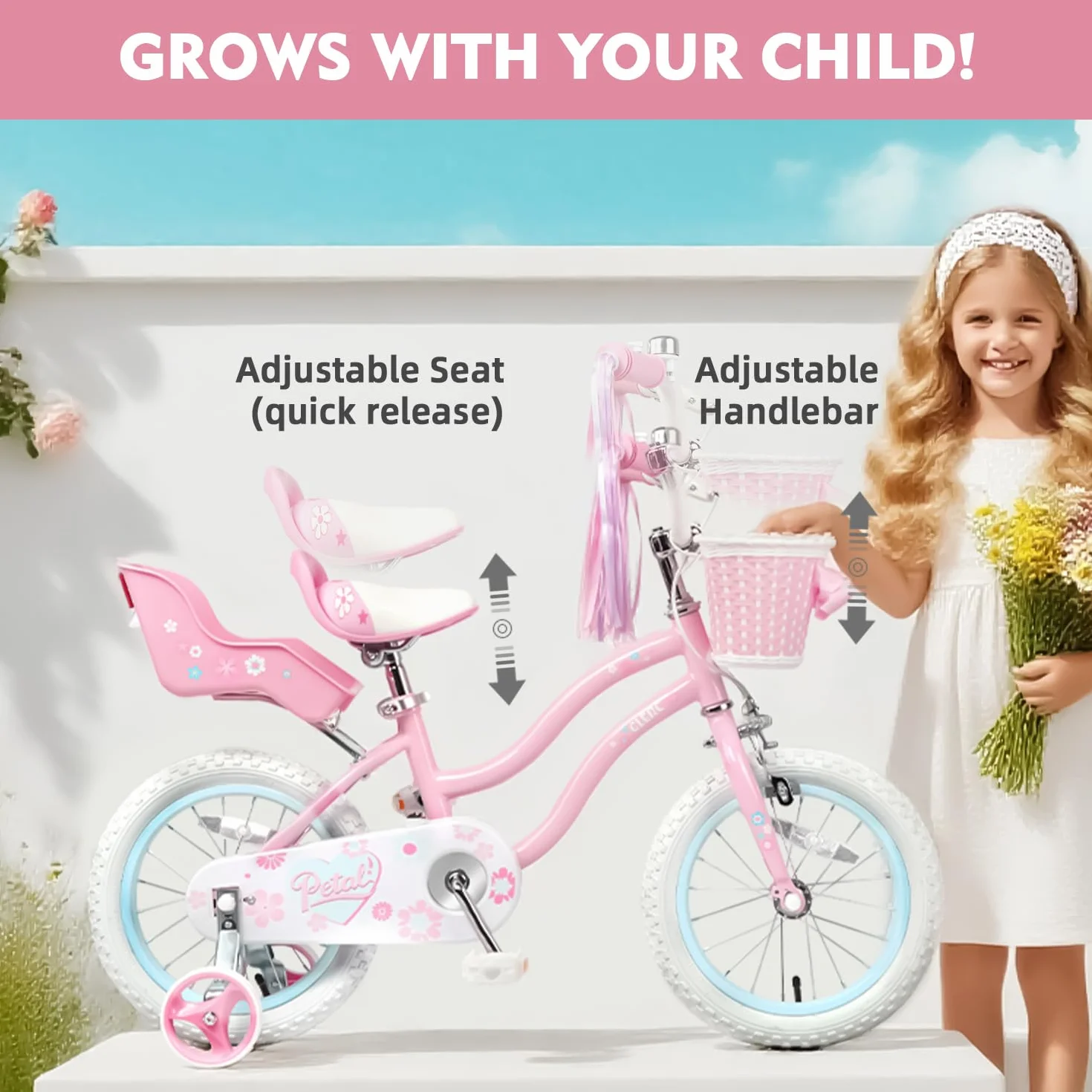 Glerc Bicicleta Infantil 12 14 16 Pulgadas Estilo Princesa para Niñas 2-8 Años con Pompones Cesta Ruedines Rosa Azul Lila Melocotón