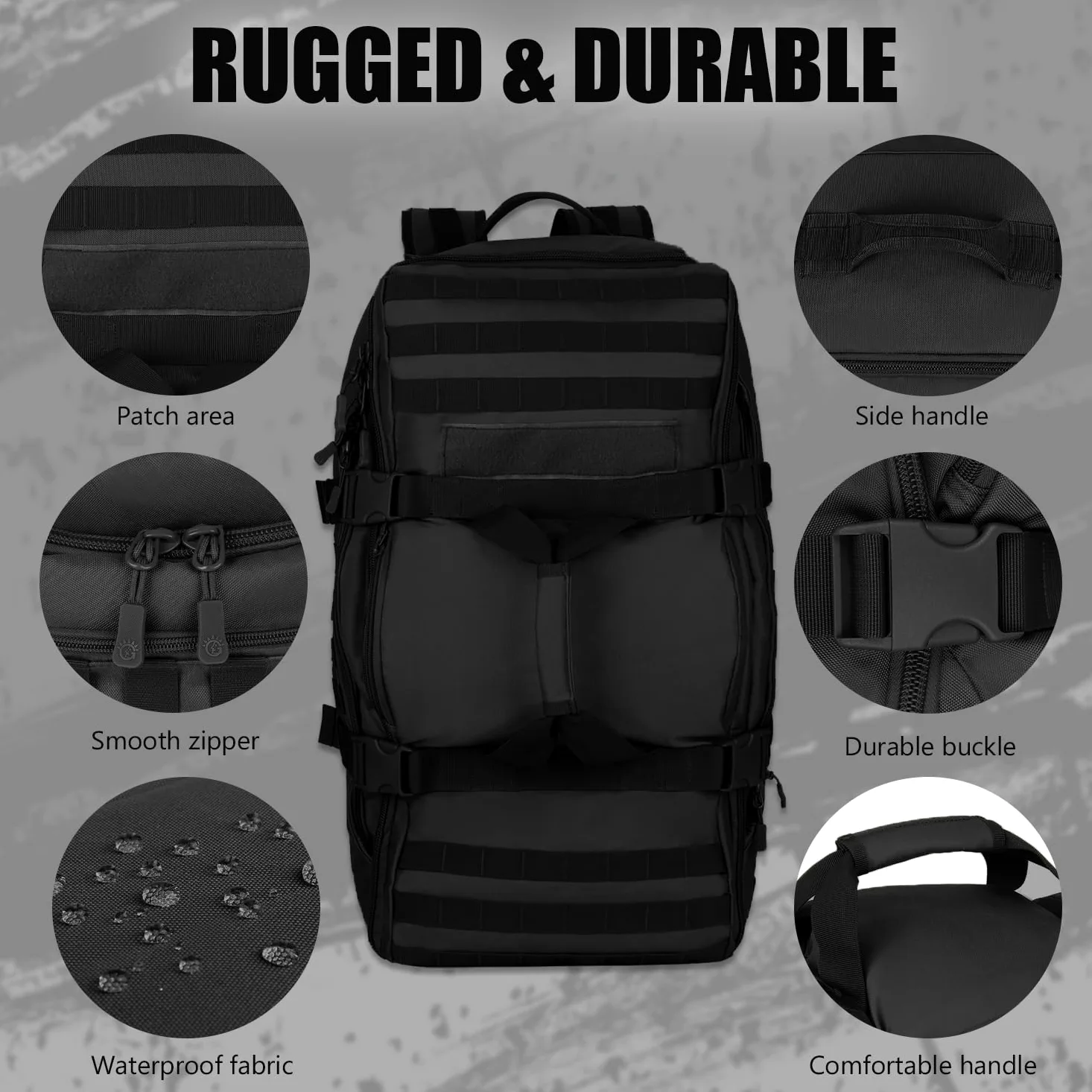 mochila táctica de viaje 60 L militar Molle bolsa de equipaje Maleta senderismo camping al aire libre mochila (cubierta y parche incluidos), negro