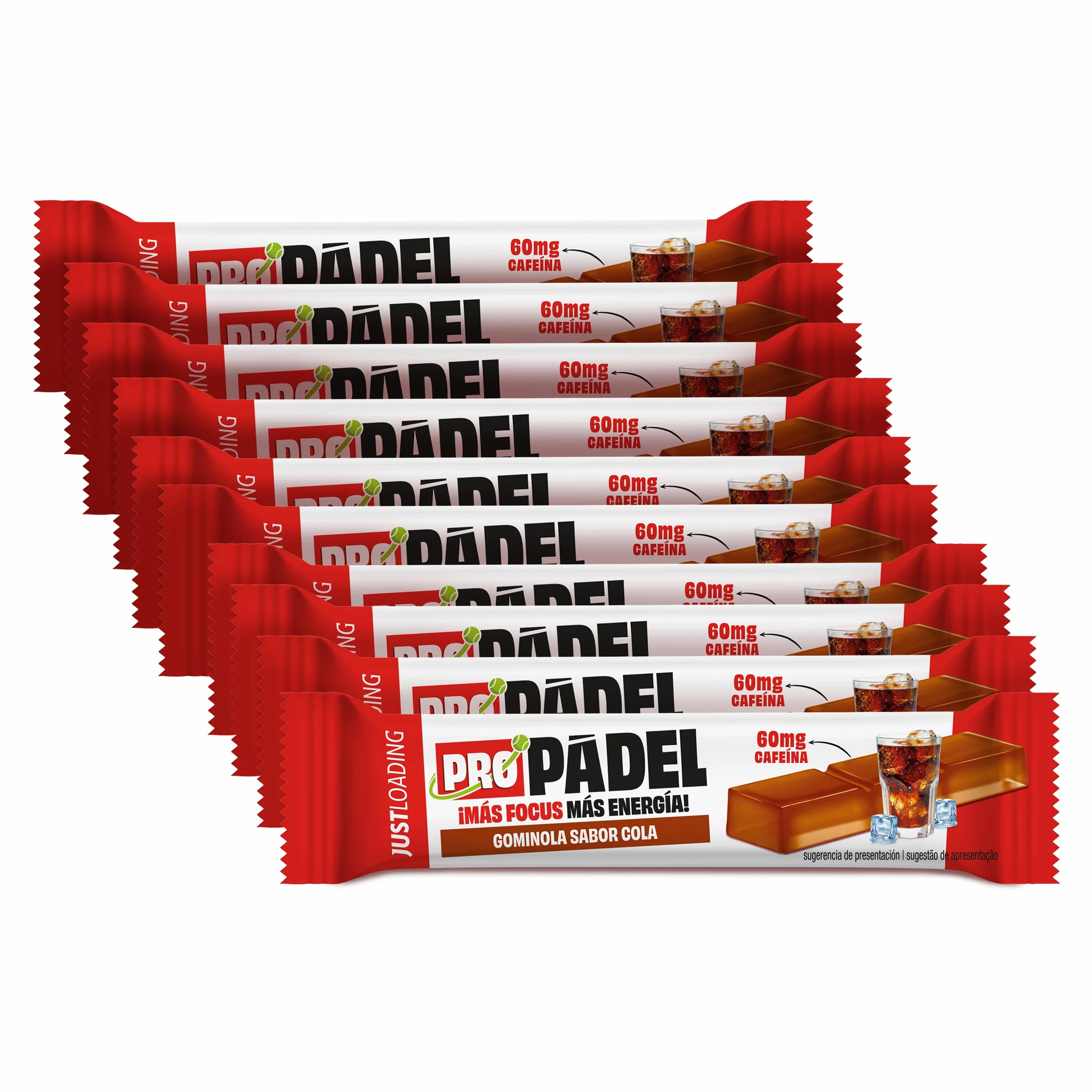 JustLoading Barrita Gominola Pádel sabor cola – Cafeína, tirosina, magnesio – Energía, concentración inmediata – Reduce fatiga, mejora reflejos (10 uds × 25 g)