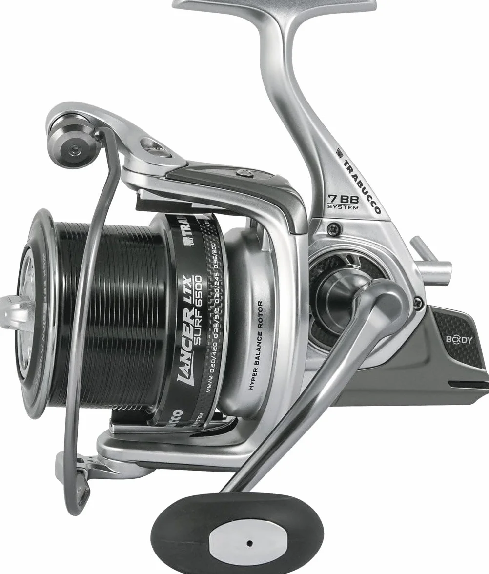 TRABUCCO Carrete LANCER LTX SURF 6500 art. 035-13-100, cuerpo y rotor ultraligeros de carbono, gris