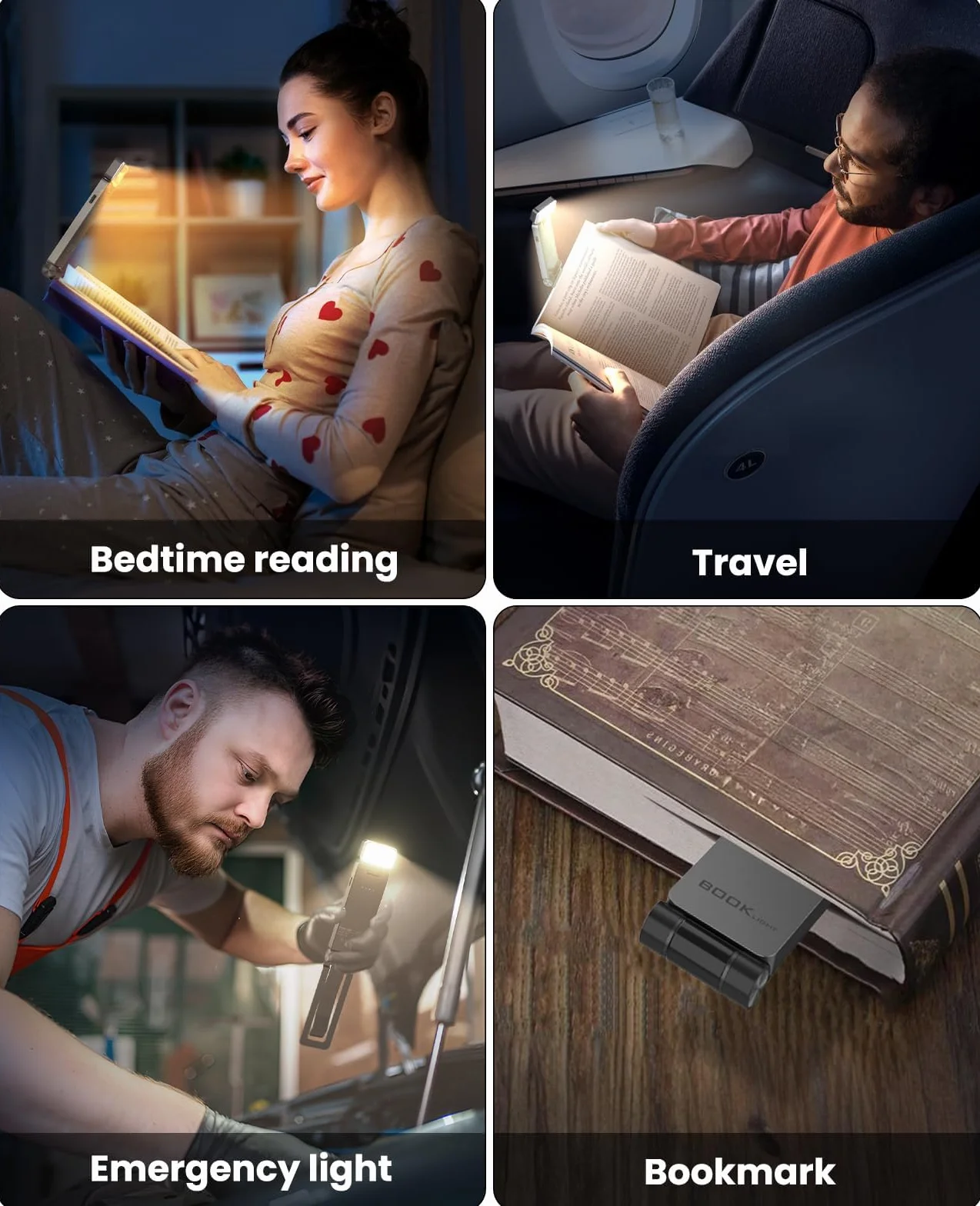 Lámpara de Lectura LED USB Recargable con Pinzas, 3 Colores y 3 Brillos Ajustables, Luz Anti-Azul