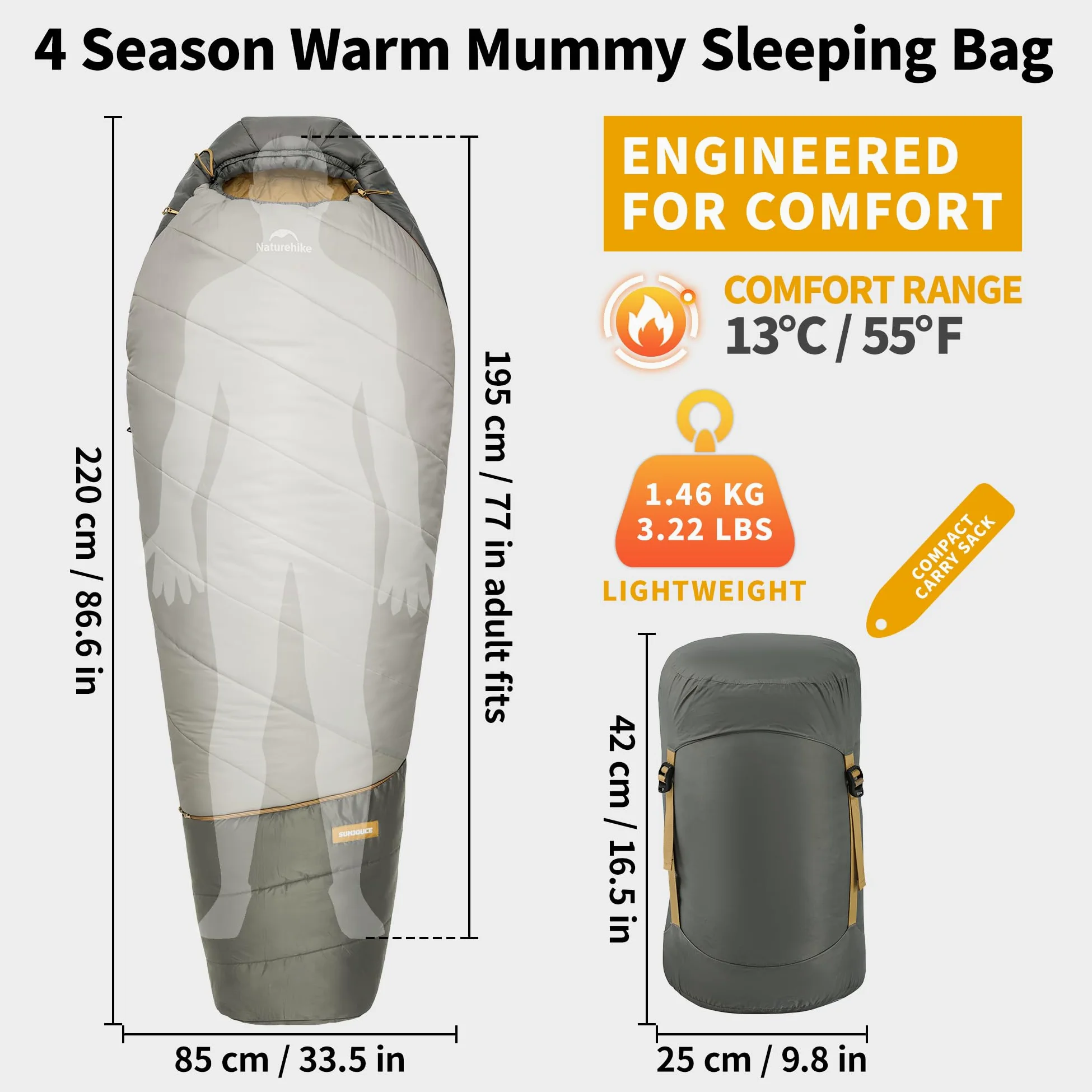 Naturehike Mujin Pro - Saco de dormir para adultos, 4 estaciones, cálido, impermeable, resistente al frío, ligero, portátil, para camping, senderismo, viajes al aire libre