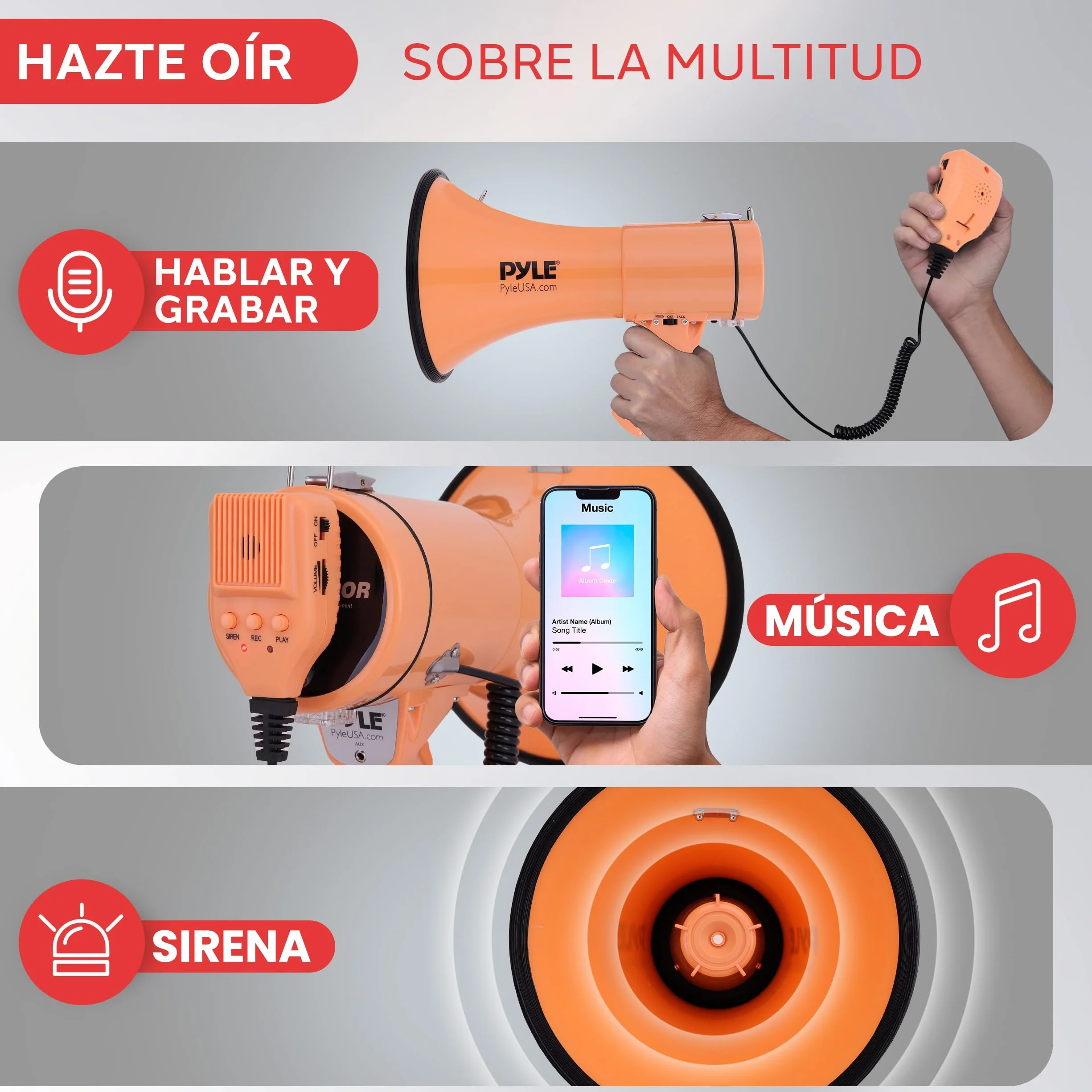 Pyle megafono, Altavoz, Portatil, 50V, Volumen Ajustable, Sirena, Correa para el Hombro, Entrada AUX, Compacto, Ideal para anuncios, Eventos, Deportes y mas