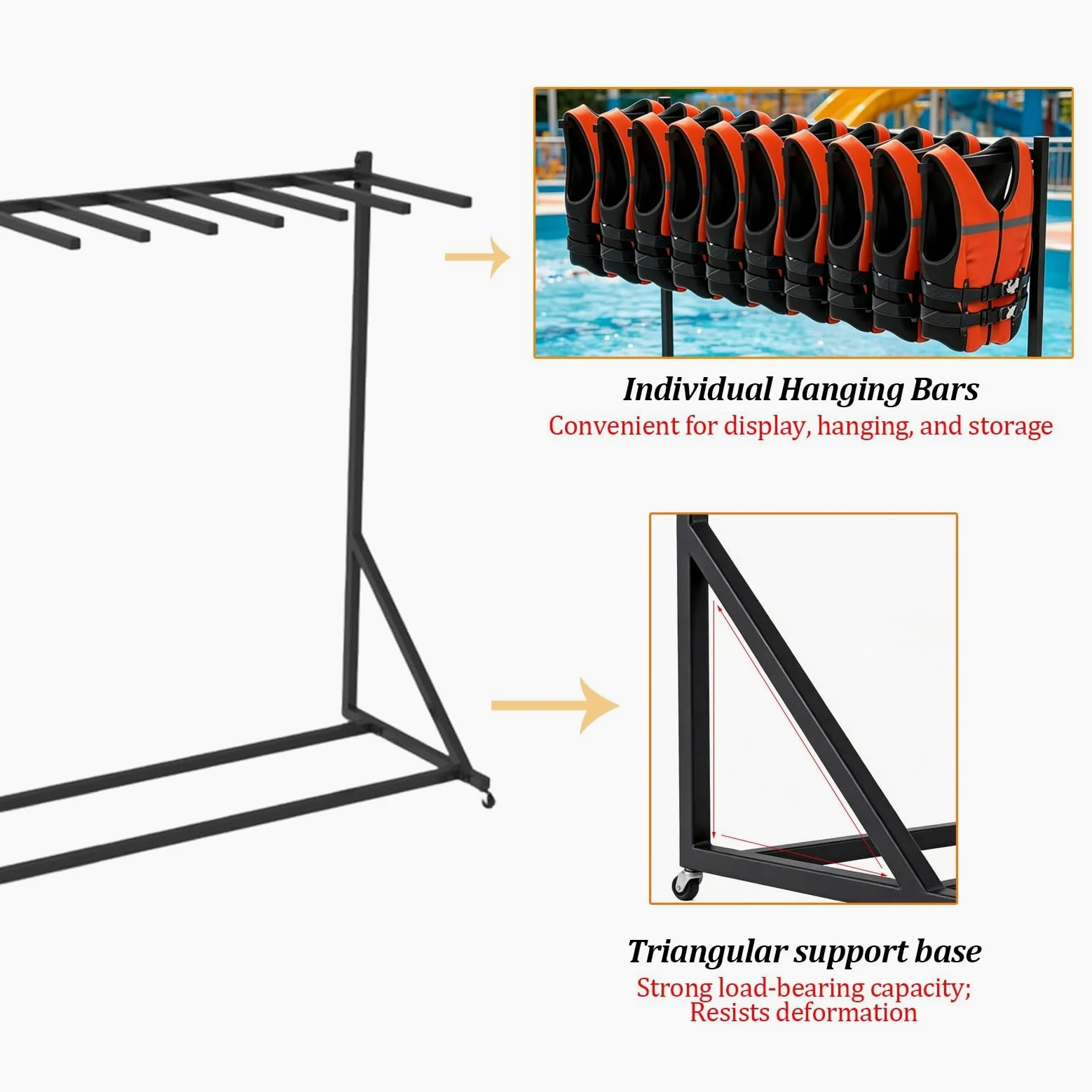 Estante Resistente para Chalecos Salvavidas, Soporte Independiente para Trajes de Neopreno y Chalecos, Organizador de Accesorios de Piscina con Ruedas giratorias(2-Tier)