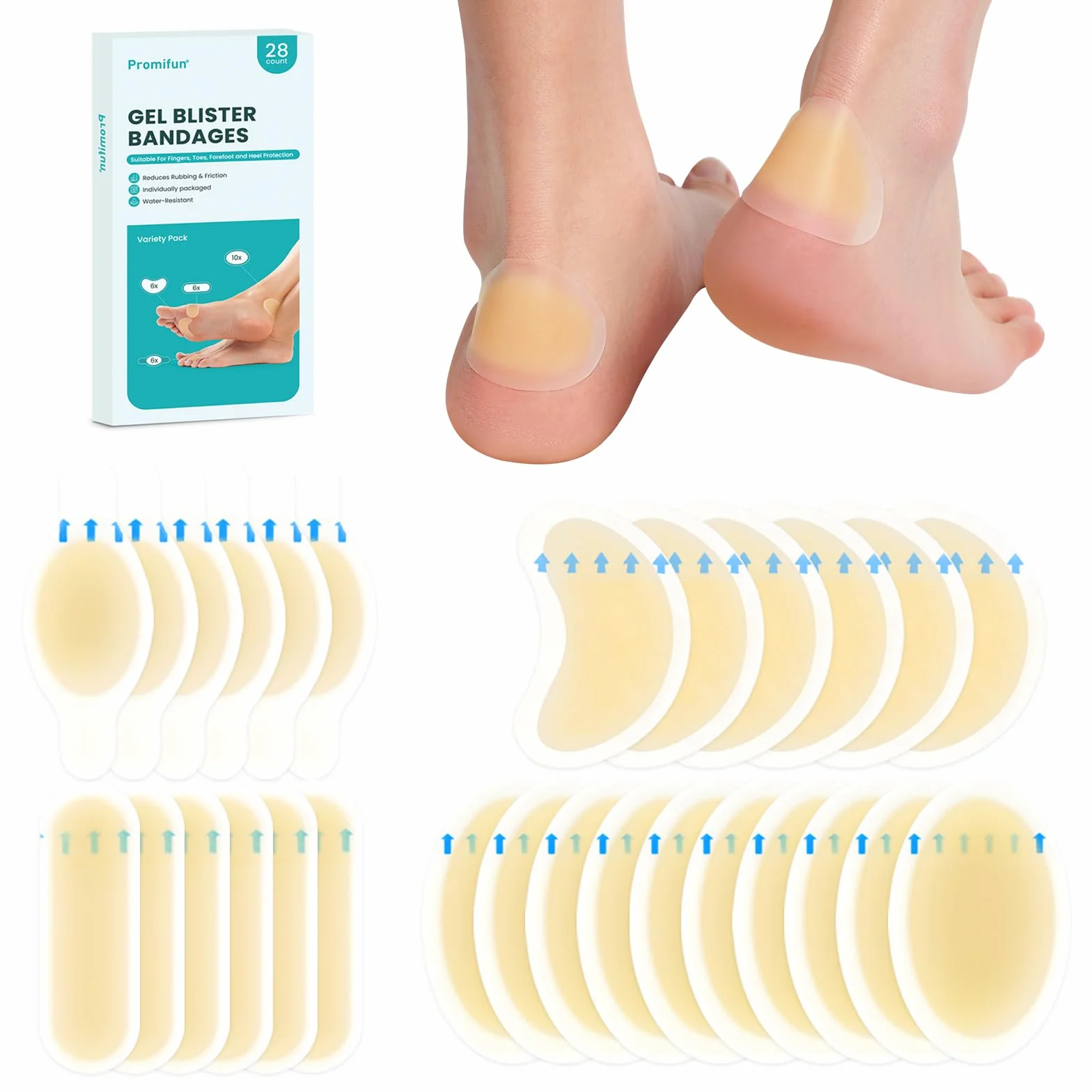 Promifun Almohadillas para ampollas, 28 unidades, resistentes al agua, vendas hidrocoloides para pies, dedos y talones