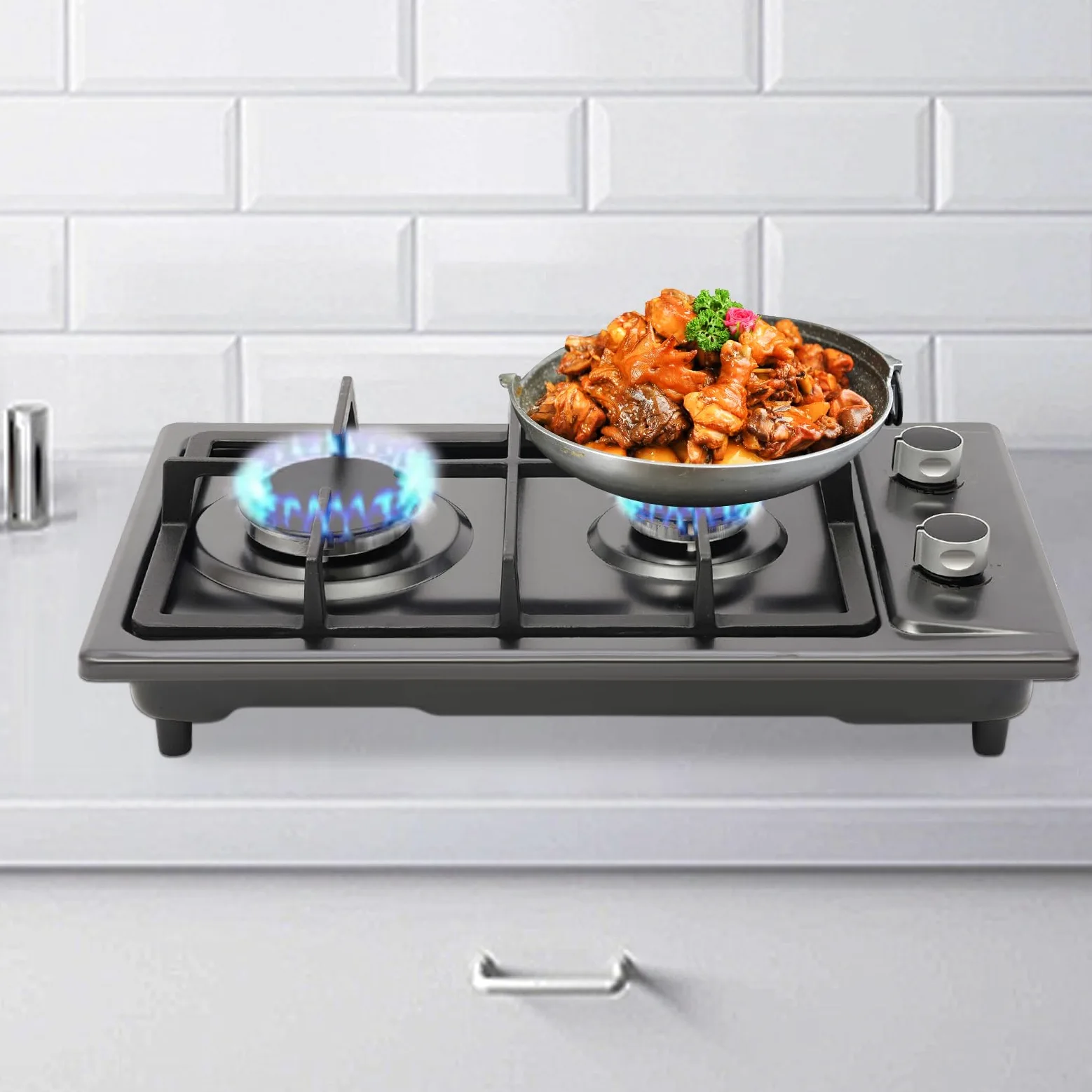 Cocina de gas para interiores, estufa de gas portátil de 2 fuegos con válvula reductora de presión, manguera de 1,5 m, placa de gas para el hogar, cocina, camping, jardín, catering, 6 kW