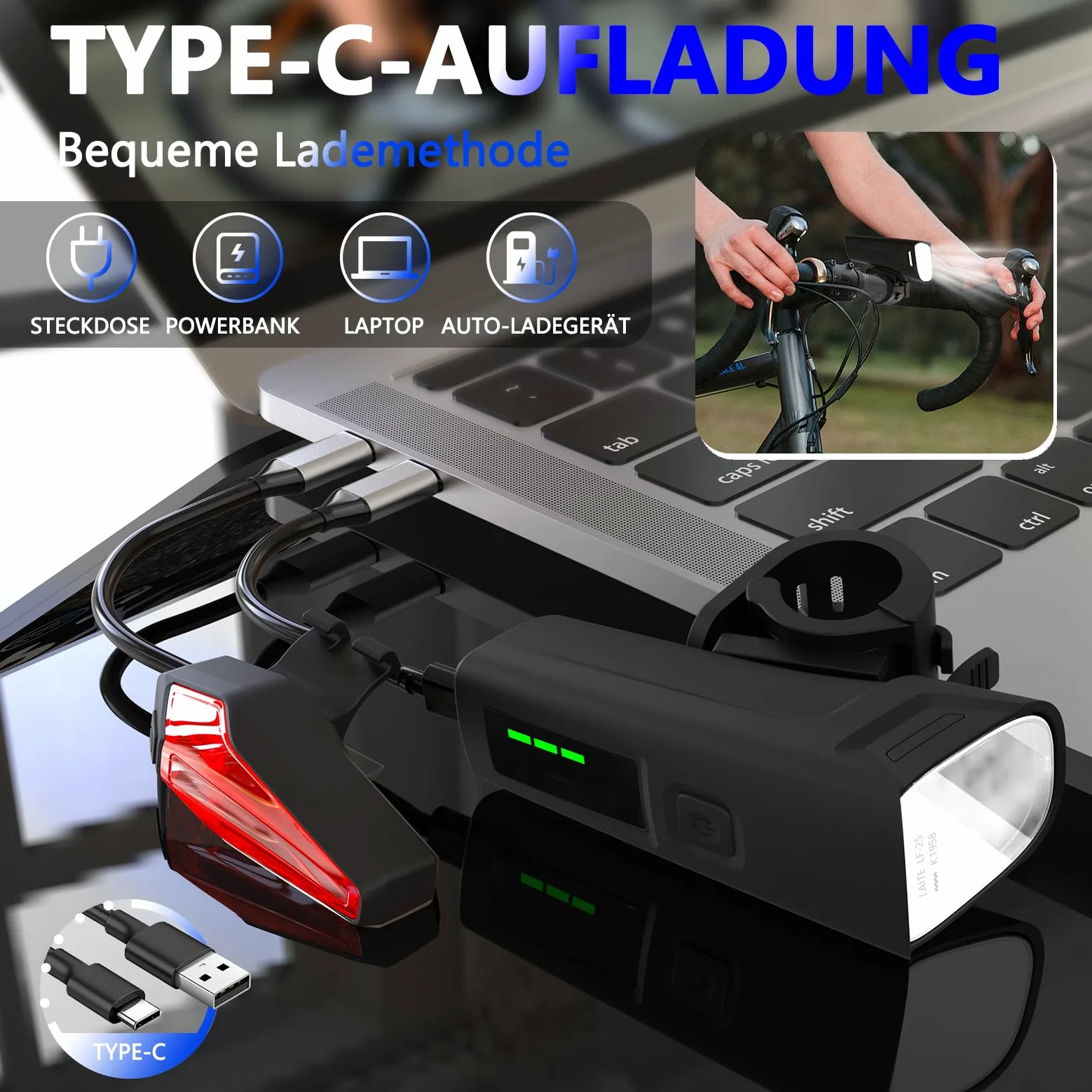 Juego de luces de bicicleta, iluminación de bicicleta certificada por StVZO, USB tipo C carga luces led set,IPX5 impermeable luz delantera y trasera