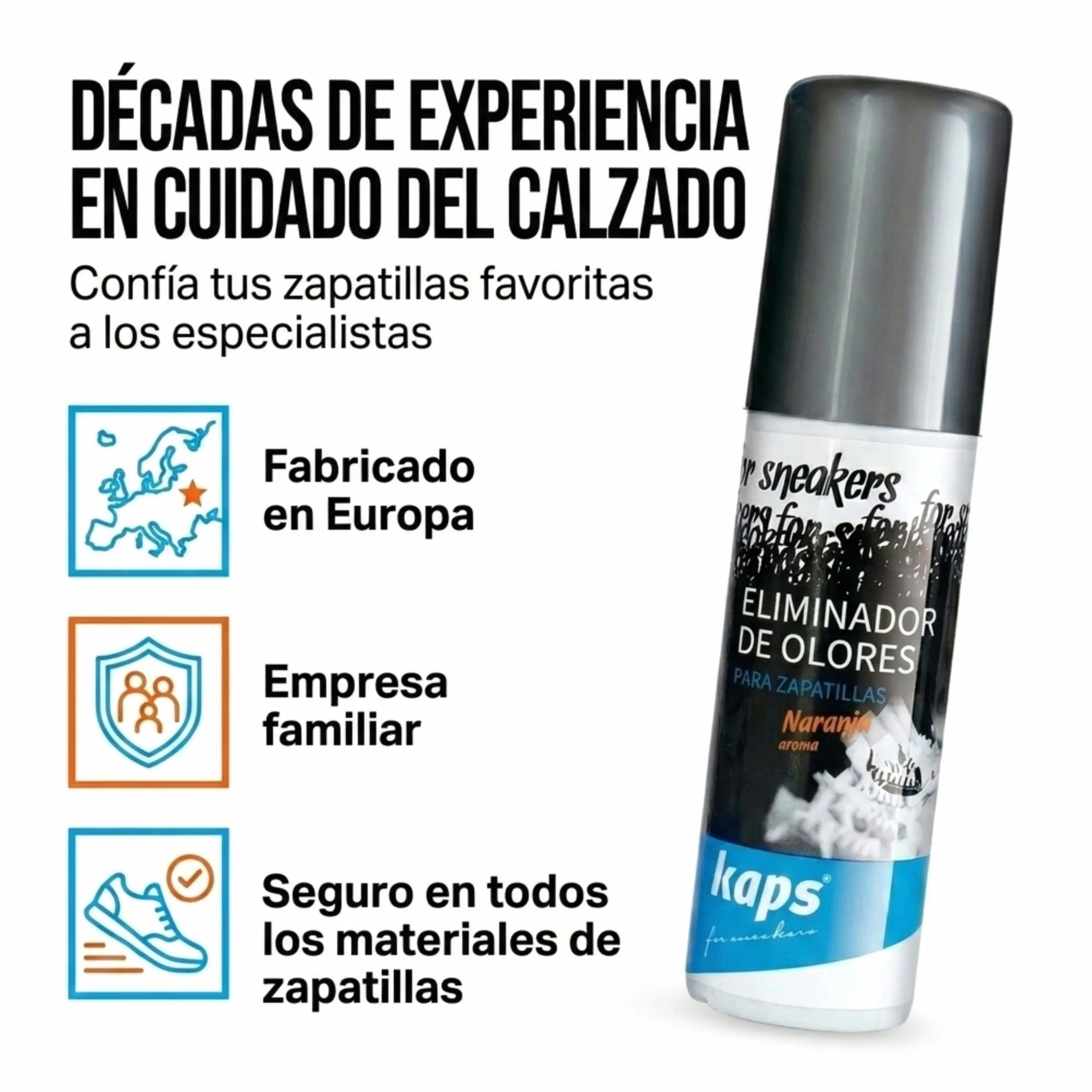 Kaps Desodorante Zapatos para Zapatillas y Calzado Informal, Aroma de Naranja, Nanopartículas de Plata, Eliminador de Olores