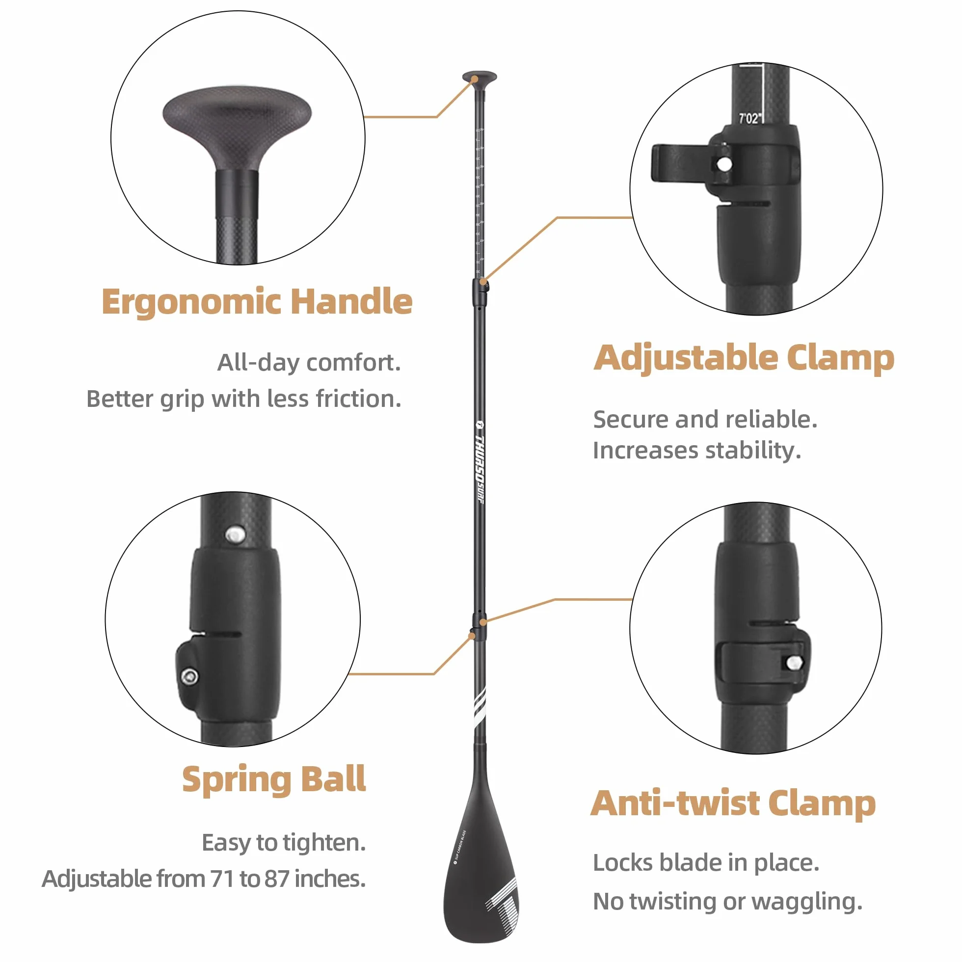 THURSO SURF Carbon Elite SUP Paddle - Tabla de remo de fibra de carbono completa, 3 piezas, ajustable, 71-87 pulgadas, extremadamente ligera, flotante, rendimiento profesional