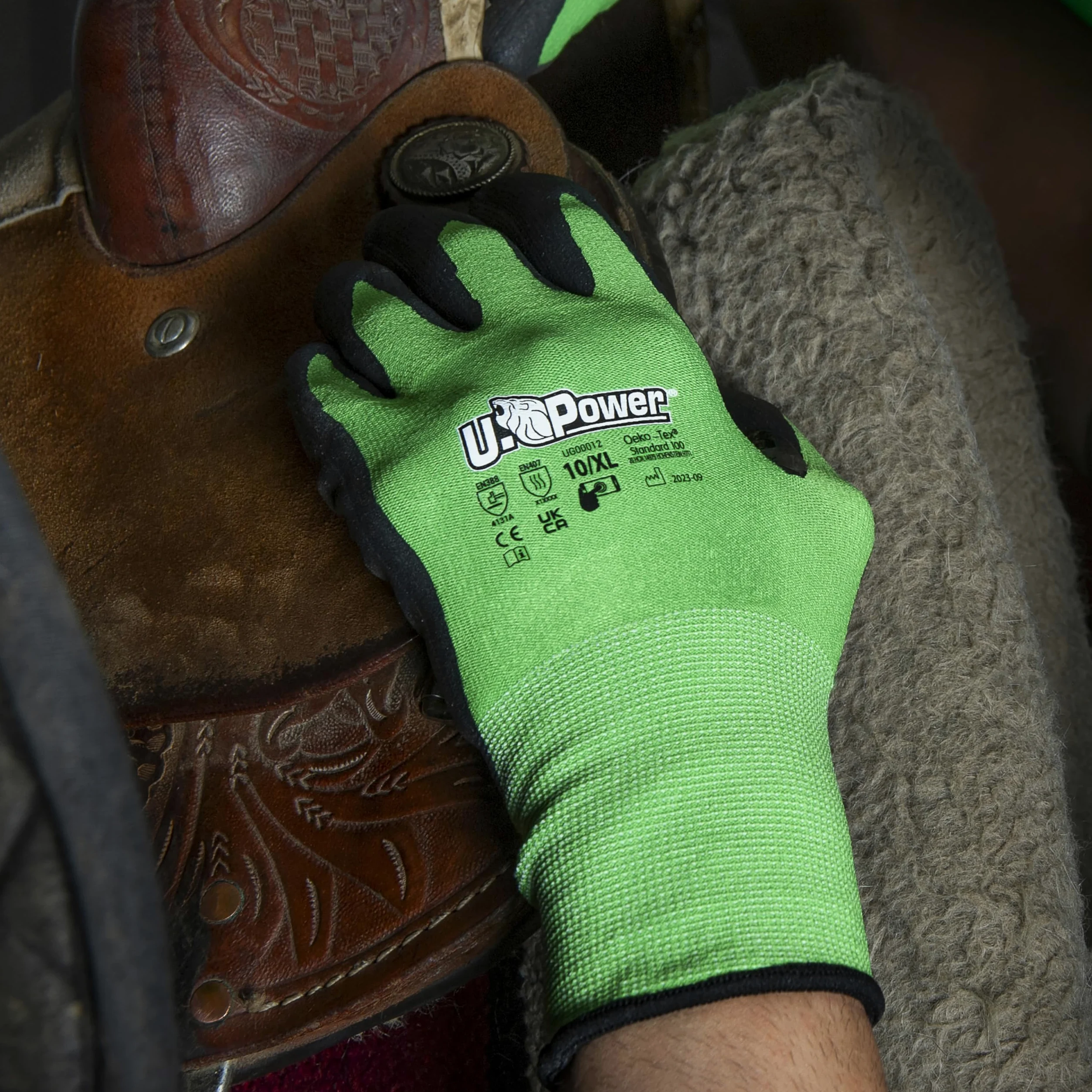 U Power Kalix Guantes de Trabajo de Seguridad Soporte de Poliéster y Spandex Recubrimiento de Nitrilo Reciclado Resistencia a la Abrasión Protección de Riesgos Térmicos Mecánicos Verde 7/S 12 Pcs