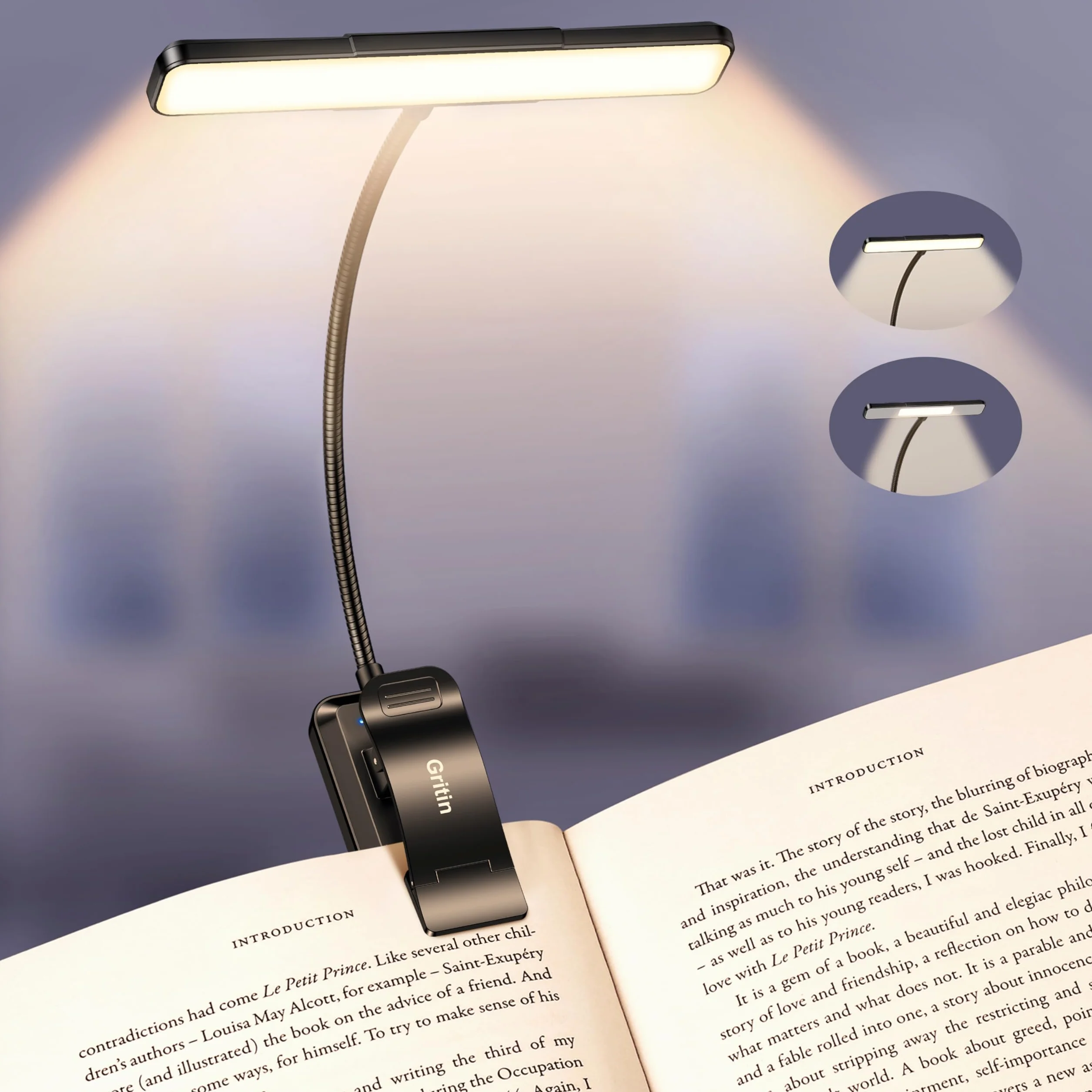 Gritin 2026 Gen 2 Luz Lectura Recargable 32 LED Espectro Completo Protección Ocular 5 Colores 5 Niveles Brillo Ajustable Haz Ancho Estrecho Batería Larga Duración