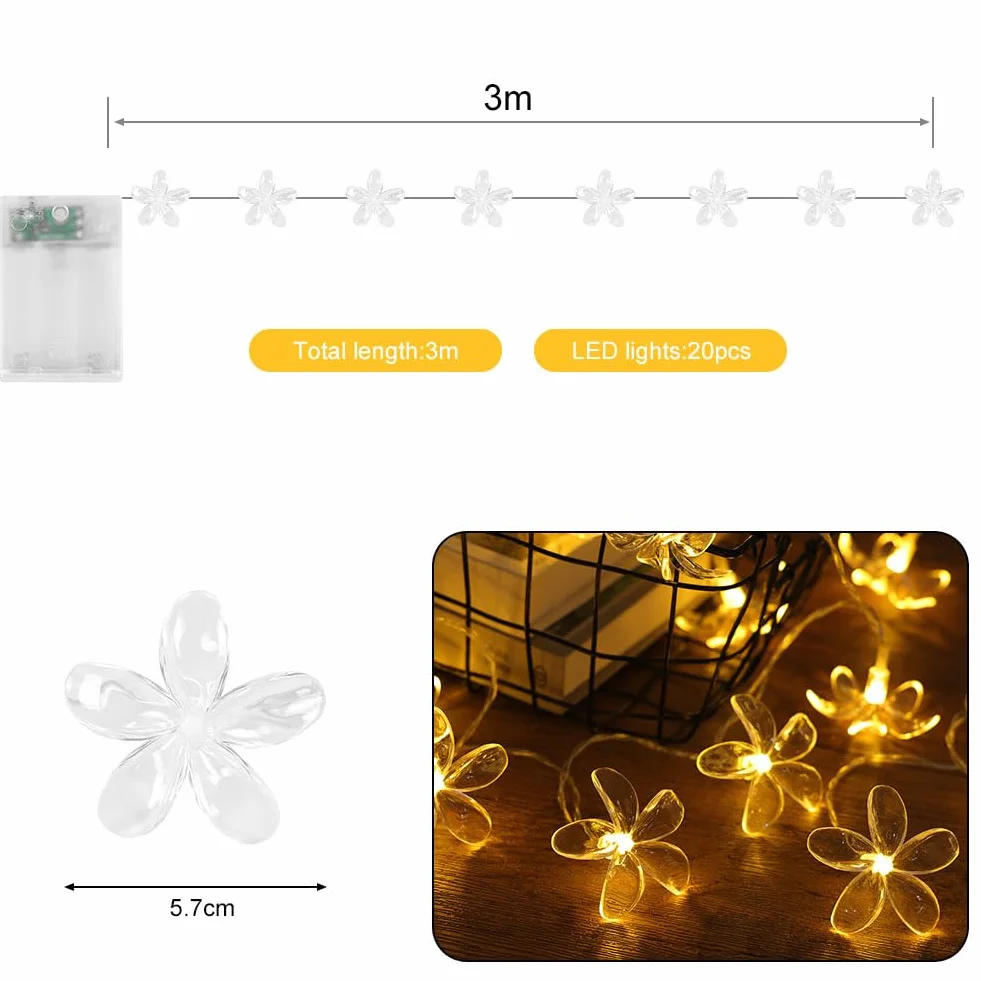Cadena de Luces LED de Flores de Cerezo 3M 20 Bombillas Impermeable Guirnalda Decorativa Blanco Cálido