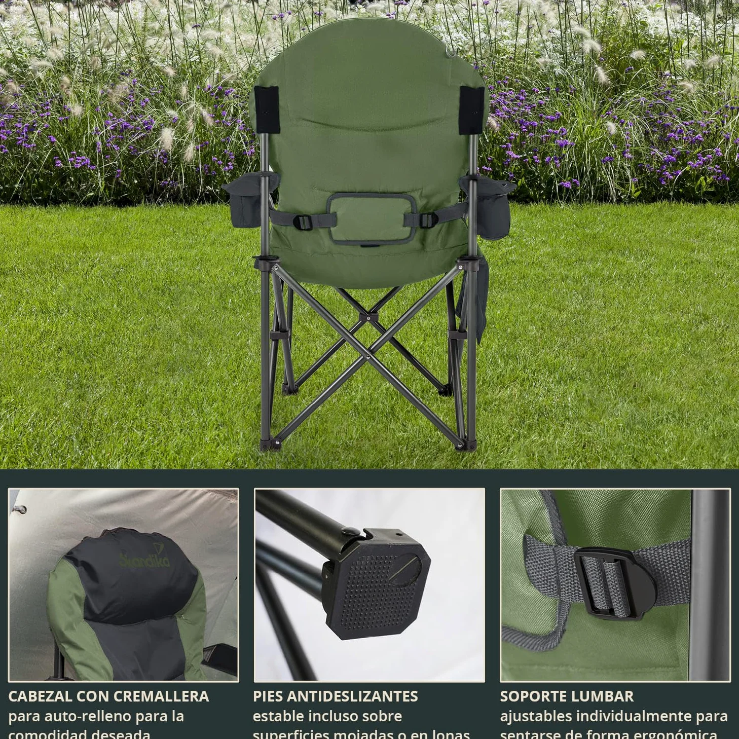 skandika Relax Comfort Silla de Camping - cómoda, Plegable y con portabebidas - máx. Peso Usuario de 150 kg - Bolsa de Transporte (Verde/Gris)