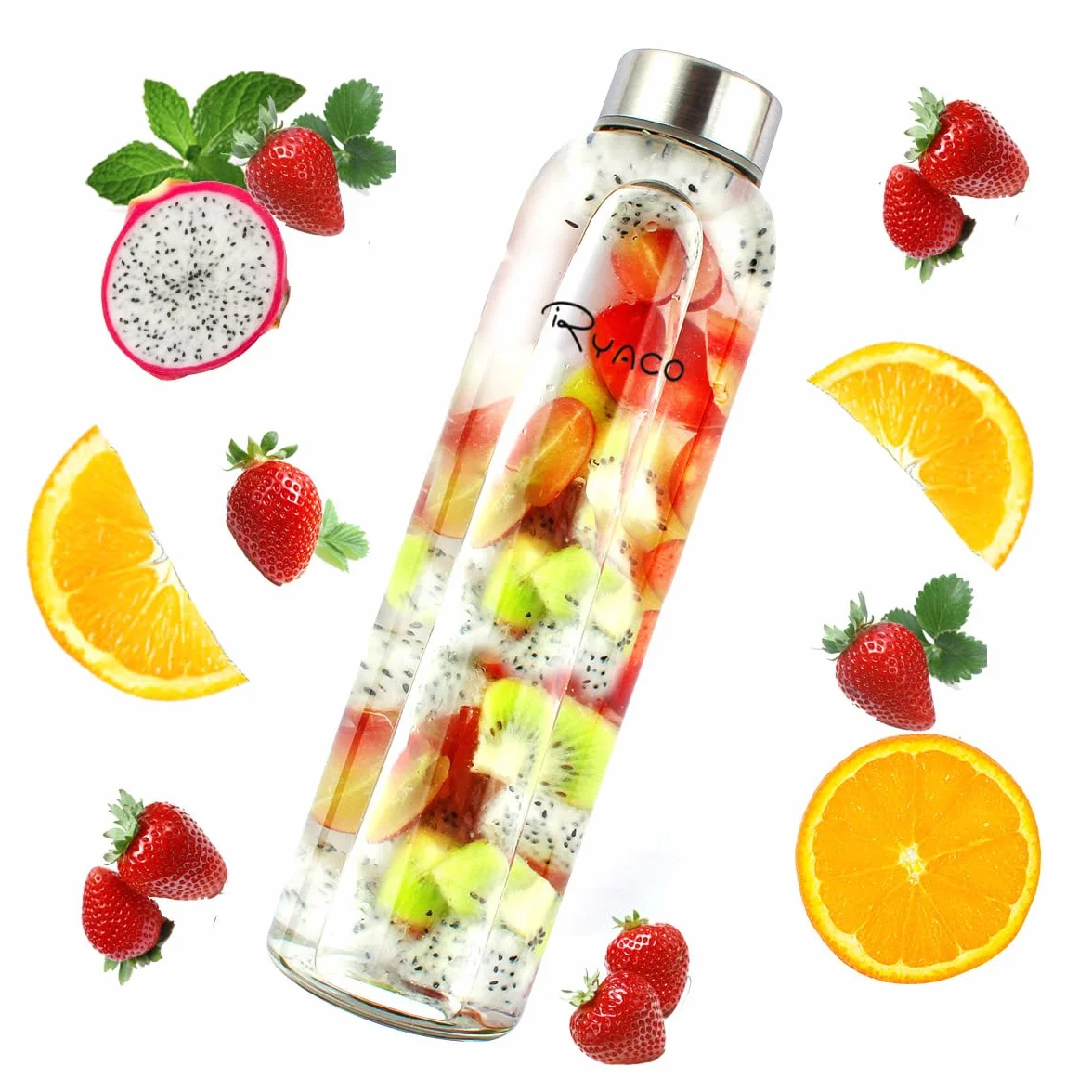 Ryaco Botella de Vidrio 550 ml/750 ml/1000 ml/1L, Botella de Vidrio de Borosilicato con Cubierta Protectora para Bebidas Frías y Calientes,sin BPA,con Cepillo de Esponja