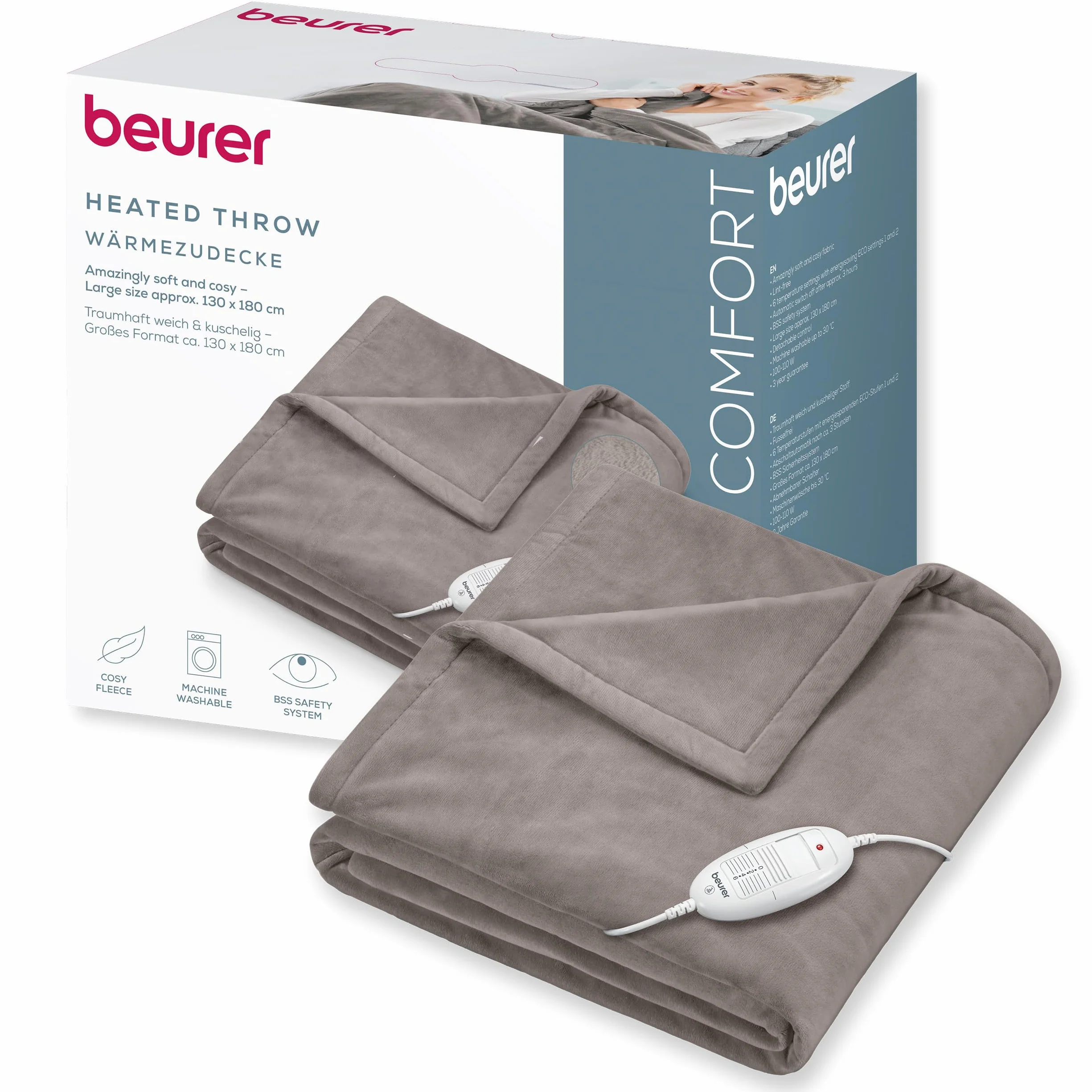 Beurer HD 75 Manta eléctrica, acogedora manta térmica con 6 ajustes de temperatura, sistema de seguridad y desconexión automática, lavable a máquina, color topo, 180 x 130 cm