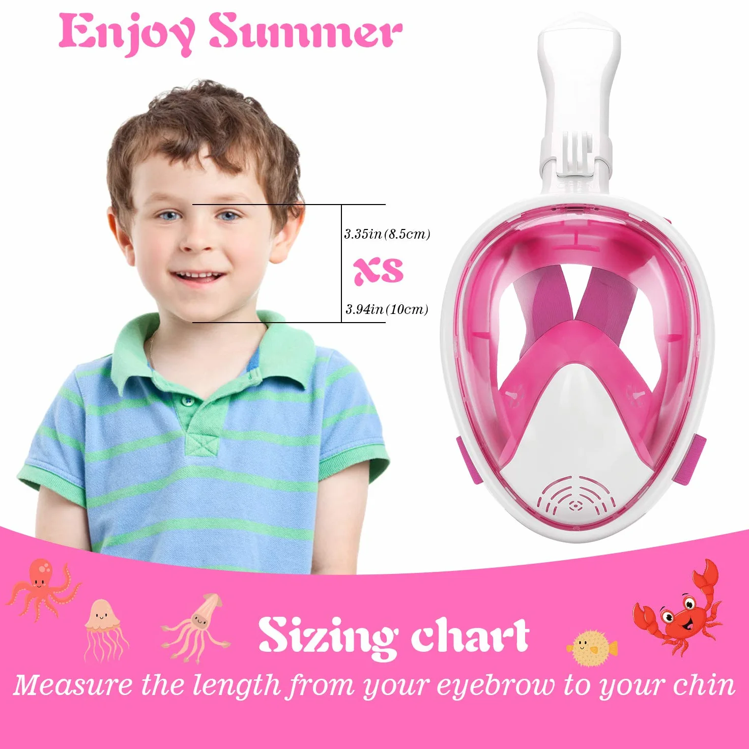 Oumers - Máscara de Snorkel de Rostro Completo para niños, Vista panorámica de 180°, con Sistema de respiración de Seguridad, Soporte de cámara Desmontable, antivaho, antifugas