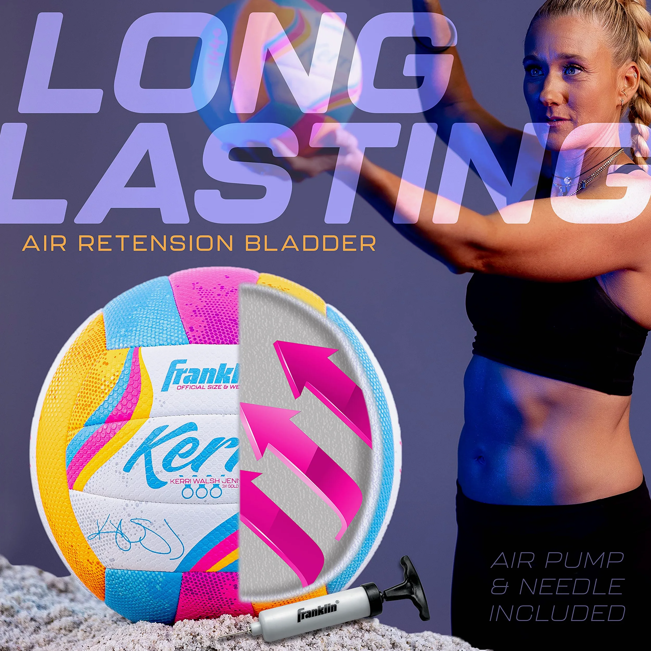 Franklin Sports Kerri Walsh Beach+Voleibol al Aire Libre – Tamaño Oficial + Peso – Voleibol de Cubierta Suave para niños + Adultos – con Bomba + Aguja incluida