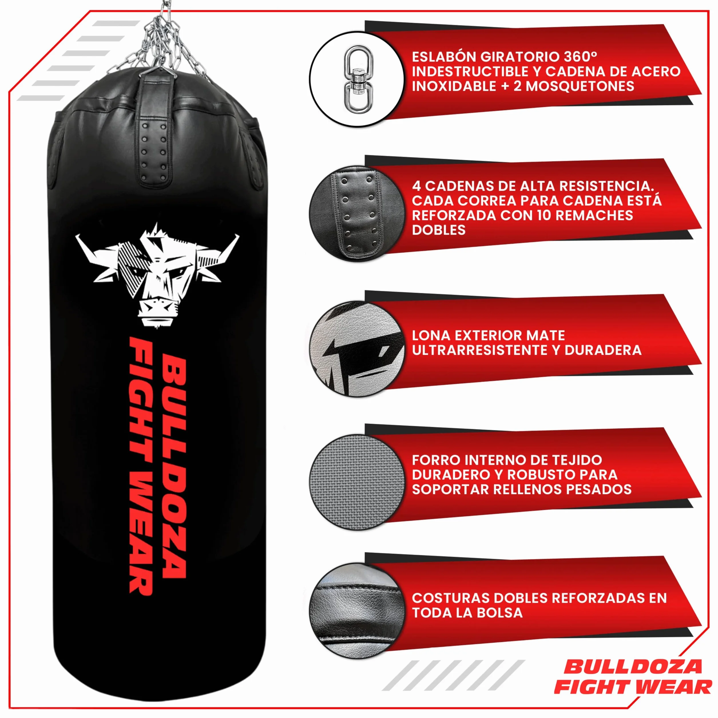 XL Tank Bull Doza Fight Wear - Saco de boxeo con cadenas colgantes, giratorio, mosquetones, bolsa de boxeo