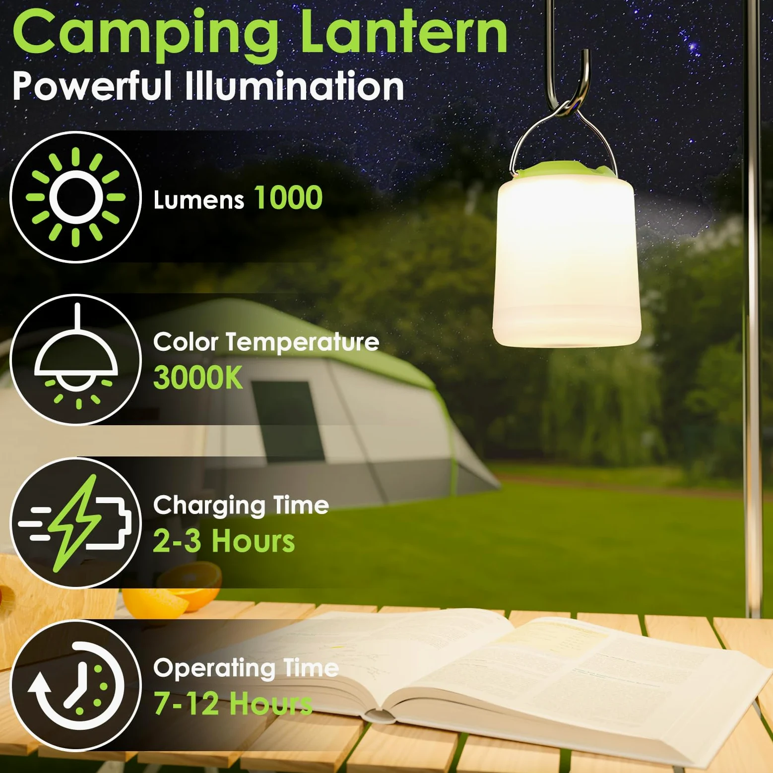 BOBKID Linterna LED de camping, luz de camping recargable, 4 modos, linternas al aire libre con 1000 lm, resistente al agua, luz de campamento de emergencia portátil para huracanes, senderismo, kits
