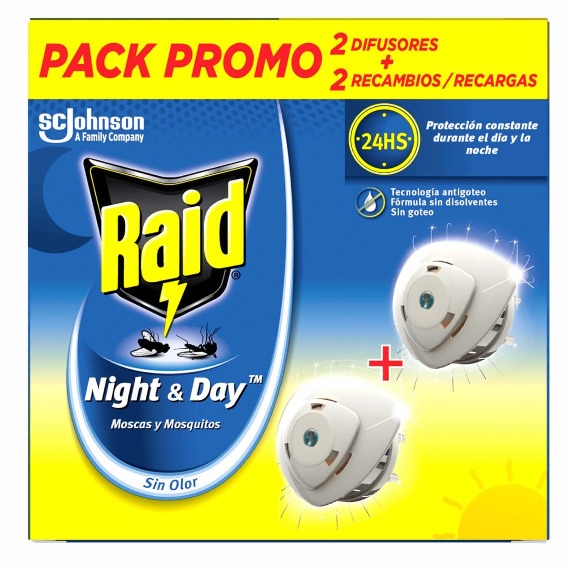 Raid Night & Day Aparato eléctrico Anti Moscas, Mosquitos y Hormigas, Enchufe inoloro, 2 Difusores y 2 Recambios