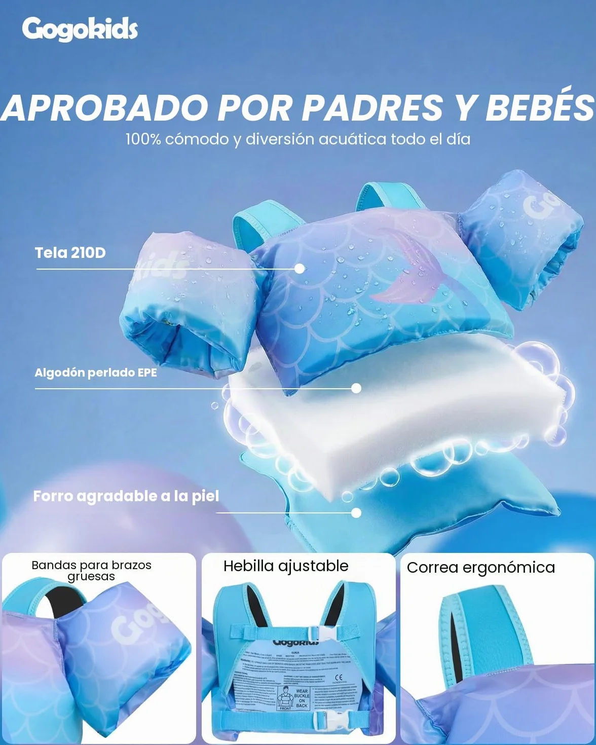 Gogokids Chaleco Flotante para Niños con Brazalete, Chaleco Flotador de Natación para,Seguro y Cómodo, Dispositivo de Entrenamiento de Natación para Niños de 2-6 años, 30-50 Libras (14-23 kg)