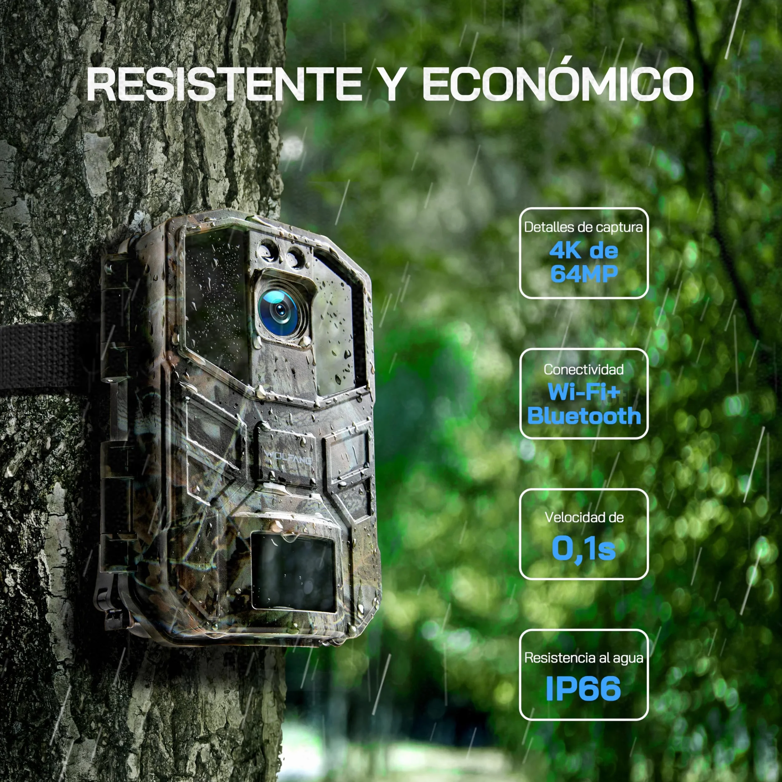 WOLFANG Cámara de Caza WiFi 4K 64MP, Camara Fototrampeo con 0.1s Velocidad de Disparo, Visión Nocturna, Diseño de Temporizadorn, IP66 para Vida Silvestre y Monitoreo de Seguridad