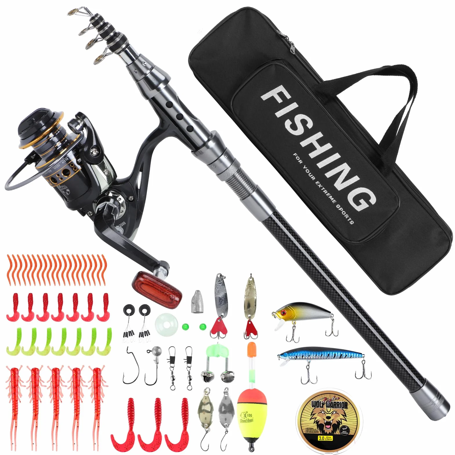 Combos de Carrete de Caña de Pescar Telescópica 1,8m, Juego de Caña de Pescar con Carrete Giratorio, Señuelos de Línea de Pesca, Bolsa de Transporte, Accesorios de Equipo de Pesca