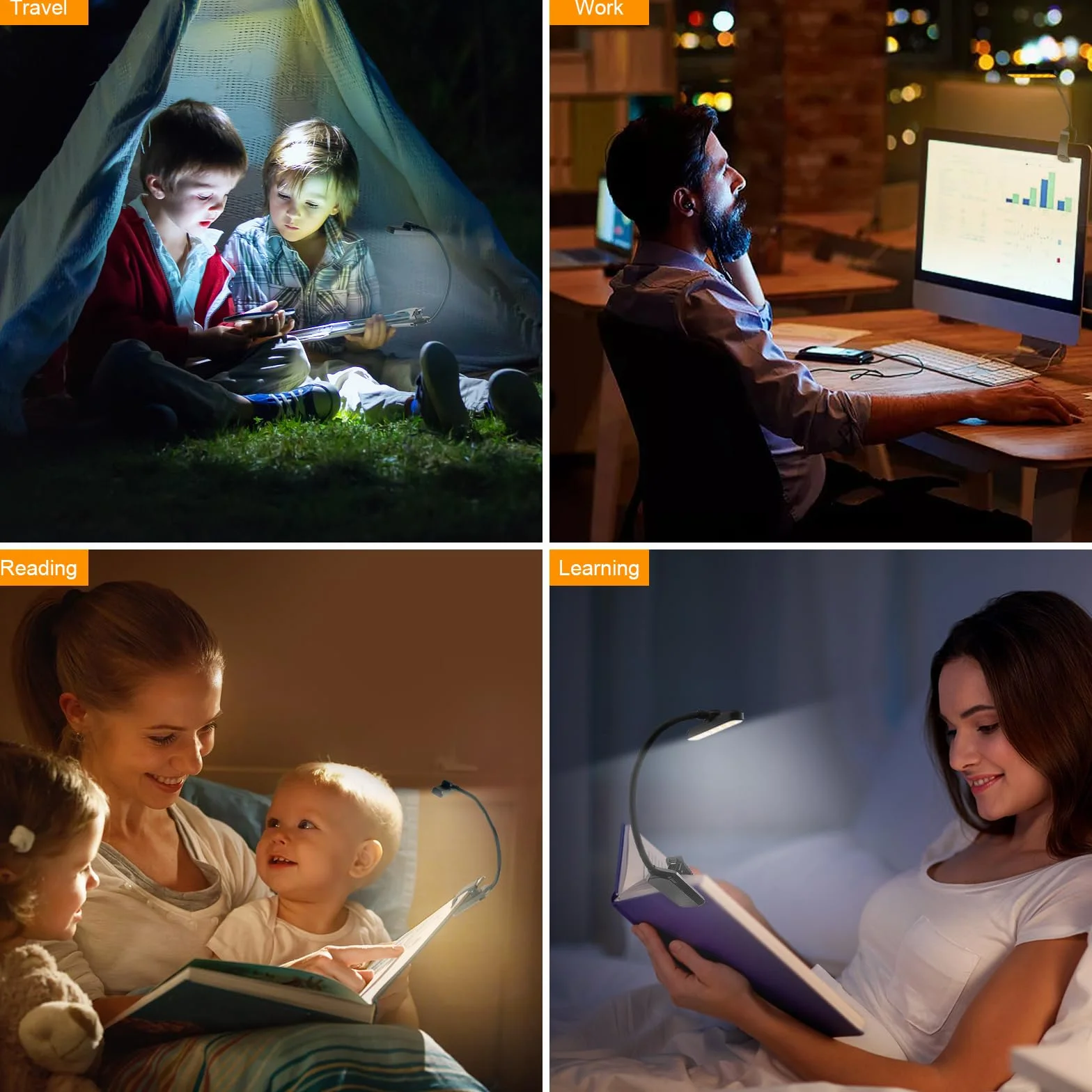 Karidi 24 LED Luz de Lectura Recargable 360°, USB-C, Pinza para Libros, 80H Cuidado Ocular, Negro